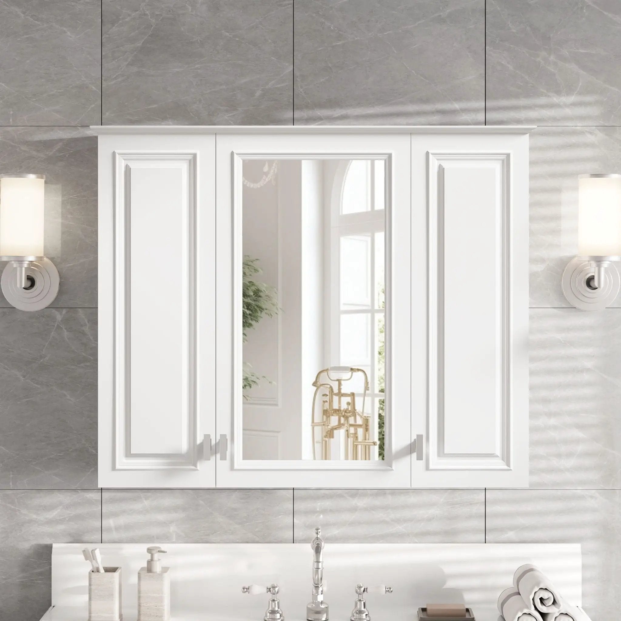Wall Mounted Mirror Cabinet With 5 Adjustable Shelves, Rectangular Storage For Bathroom - White by HouseOfZazla