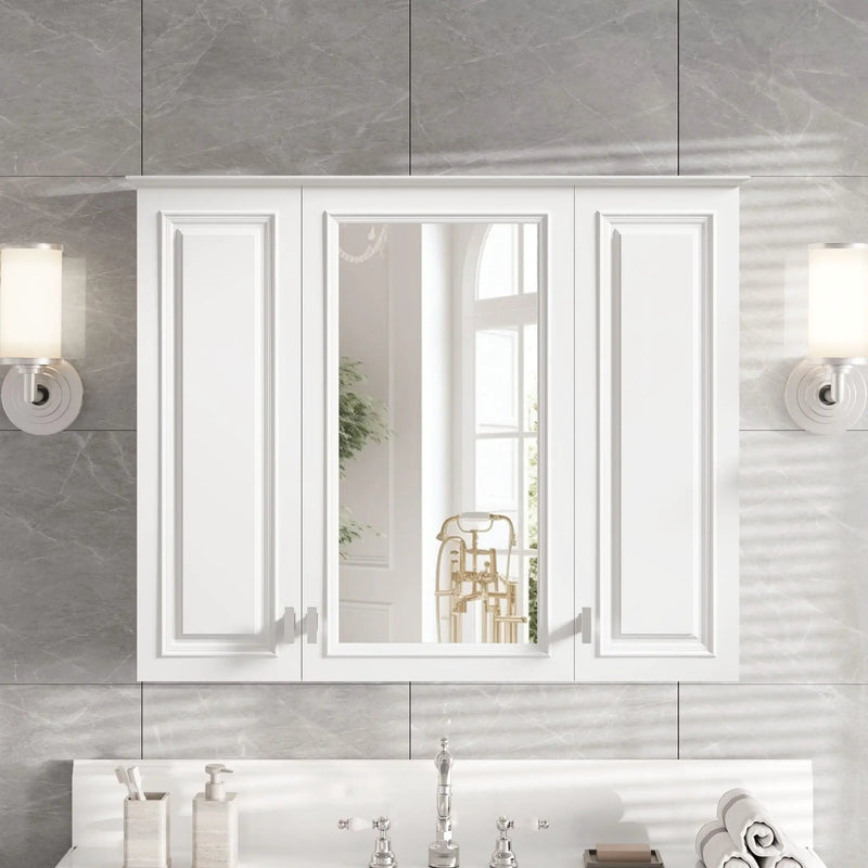 Wall Mounted Mirror Cabinet With 5 Adjustable Shelves, Rectangular Storage For Bathroom - White by HouseOfZazla
