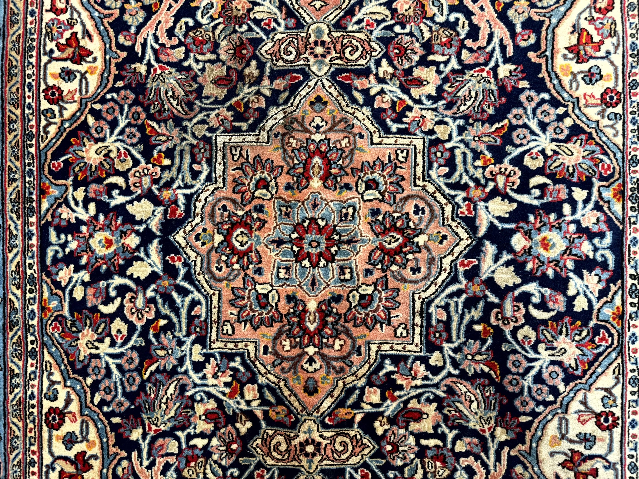 Persian Qum Rug 5x7 in Navy Light Blue and Ivory, Wool wilh Silk Highlights, 225 KPSI by Jewel Rugs