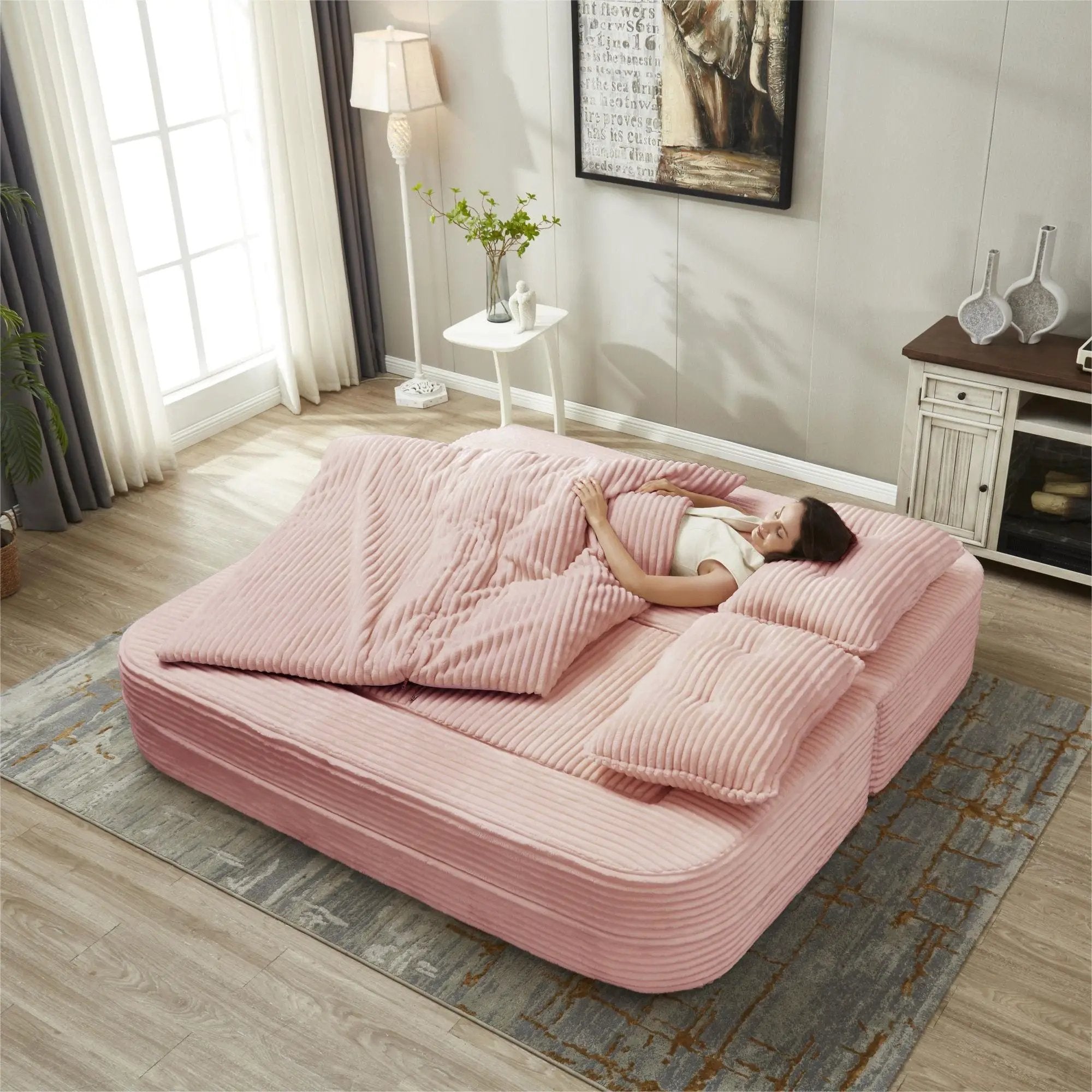 Multi Functional Sectional Sofa Bed With Independent Chaise Lounge And Functional Blanket, Convertible King Size Bed, Deep Seat - Baby Pink by HouseOfZazla