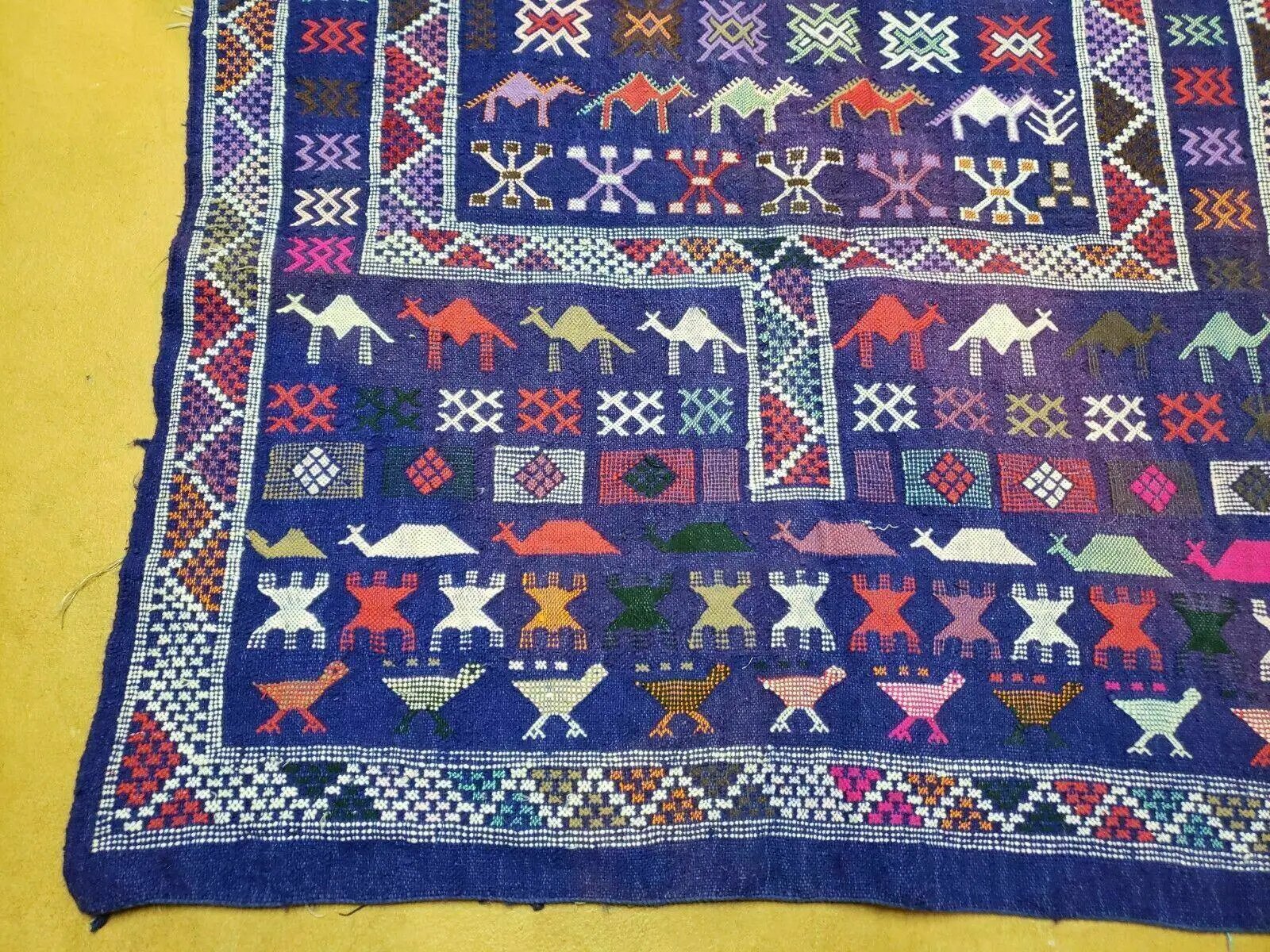 3' X 7' Vintage Handmade Indian Wool Kilim Flat weave Rug Camel Birds Blue Geometric Short Runner by Jewel Rugs