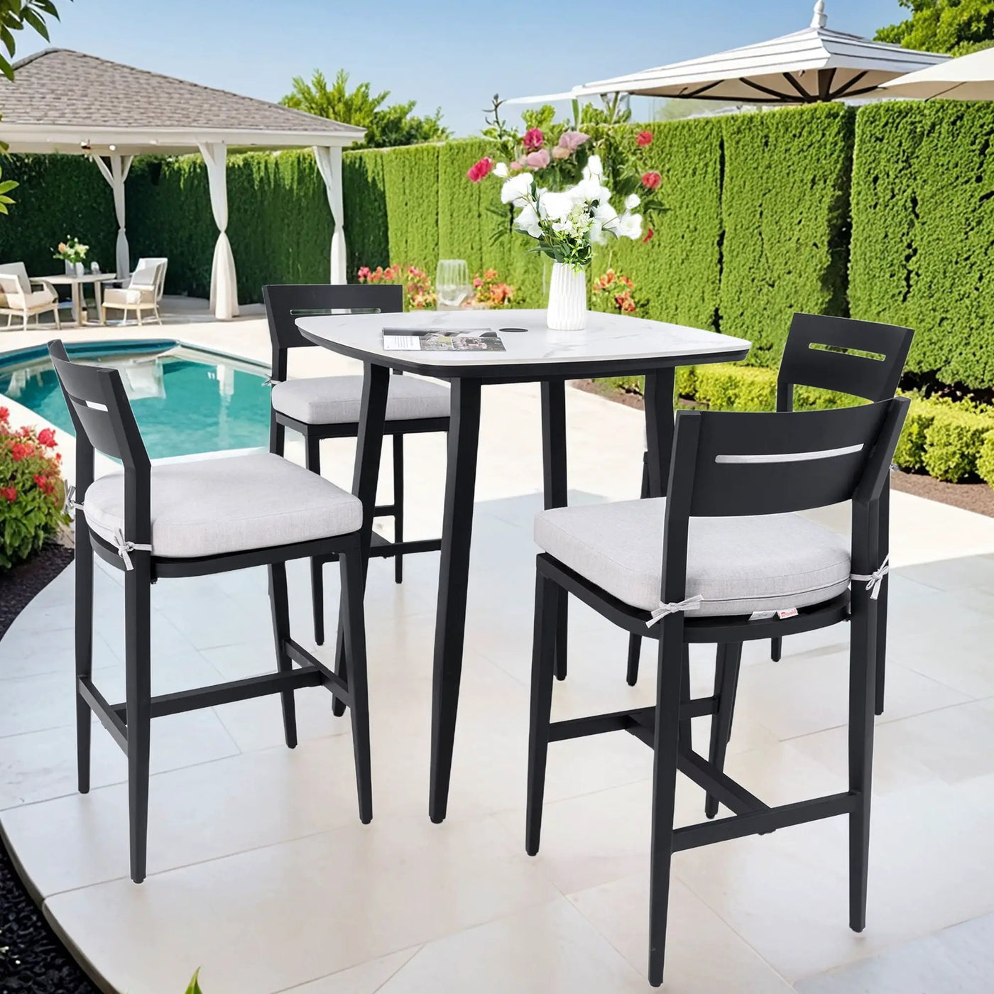 Modern Outdoor Patio Bar Set, Rounded Square Table & Bar Chairs, Non Rust Frame, Tapered Legs, Sunbrella Cushion by HouseOfZazla