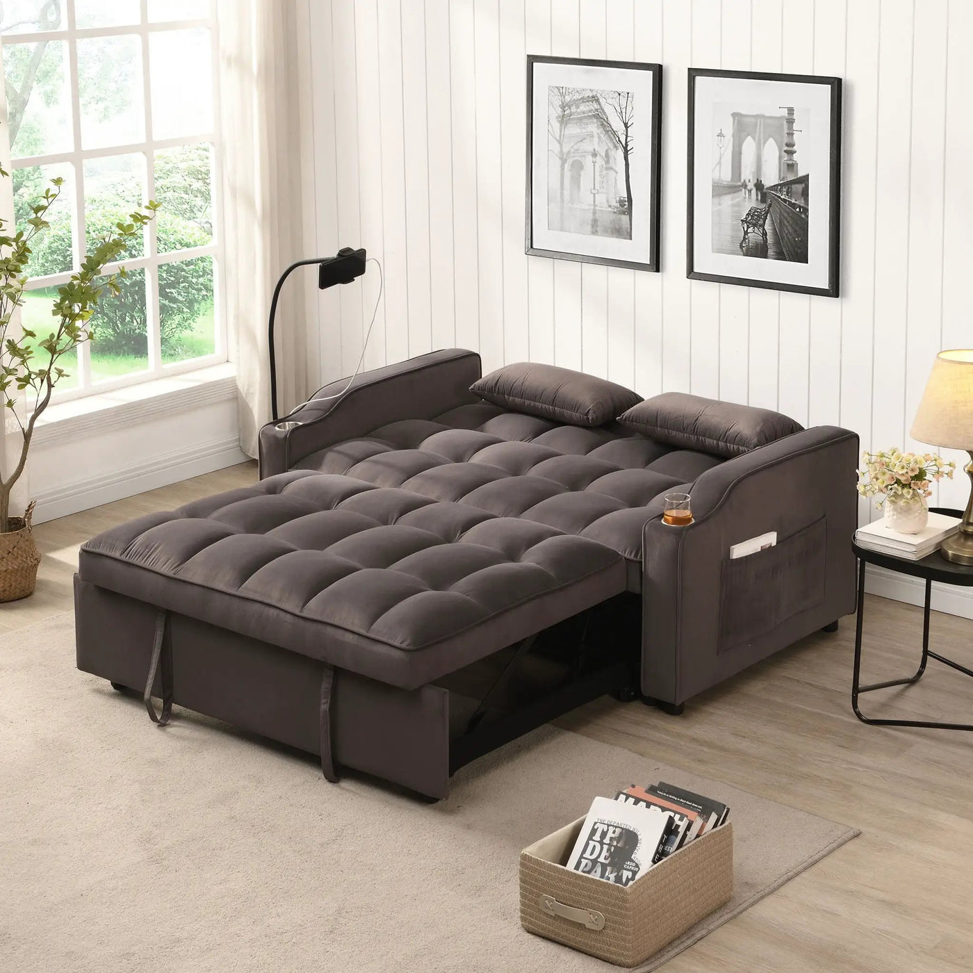 Modern Loveseat Futon Sofa With Pullout Bed, Adjustable Reclining Backrest, Toss Pillows by HouseOfZazla
