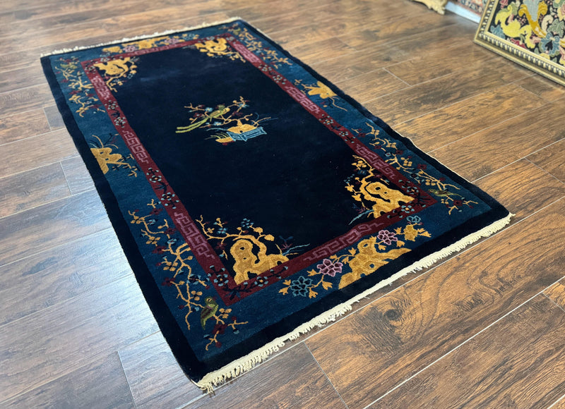 Antique Chinese Peking Rug 3x6, Dark Blue, Bird Motif, Handmade Wool Art Deco Asian Oriental Carpet, Pair B by Jewel Rugs