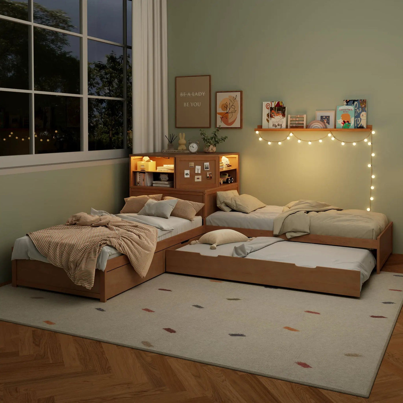 L-Shaped Bed Frame With Trundle, Built In Desk & LED Lighting by HouseOfZazla
