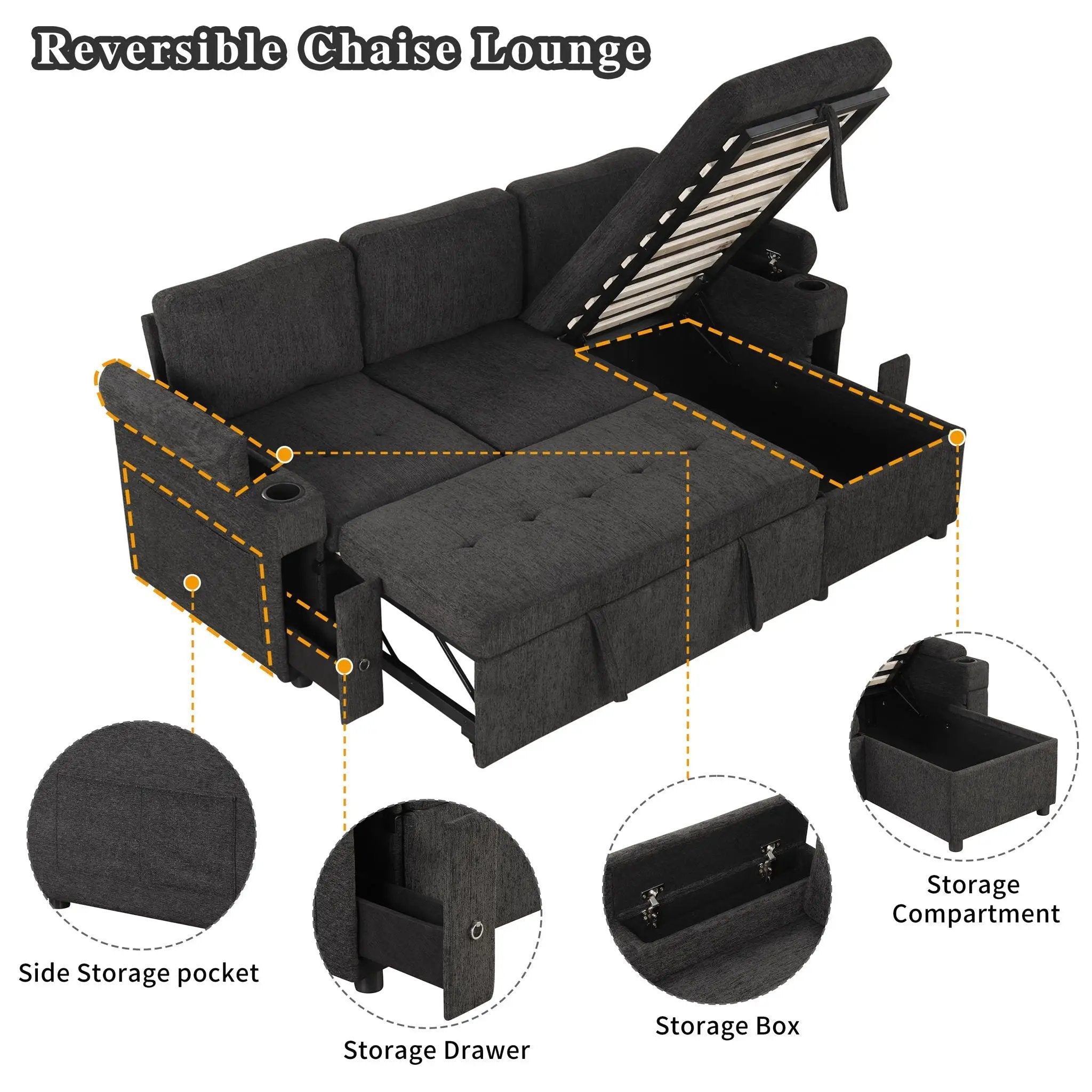 Convertible L Shaped Sofa Couch With Storage, Cup Holders, USB Ports by HouseOfZazla