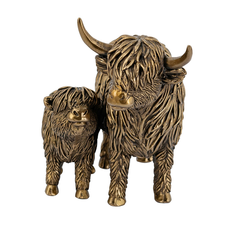 Antique Bronze Highland Cow and Calf Statue with Rustic Detail - Brown, photo 2 of 10