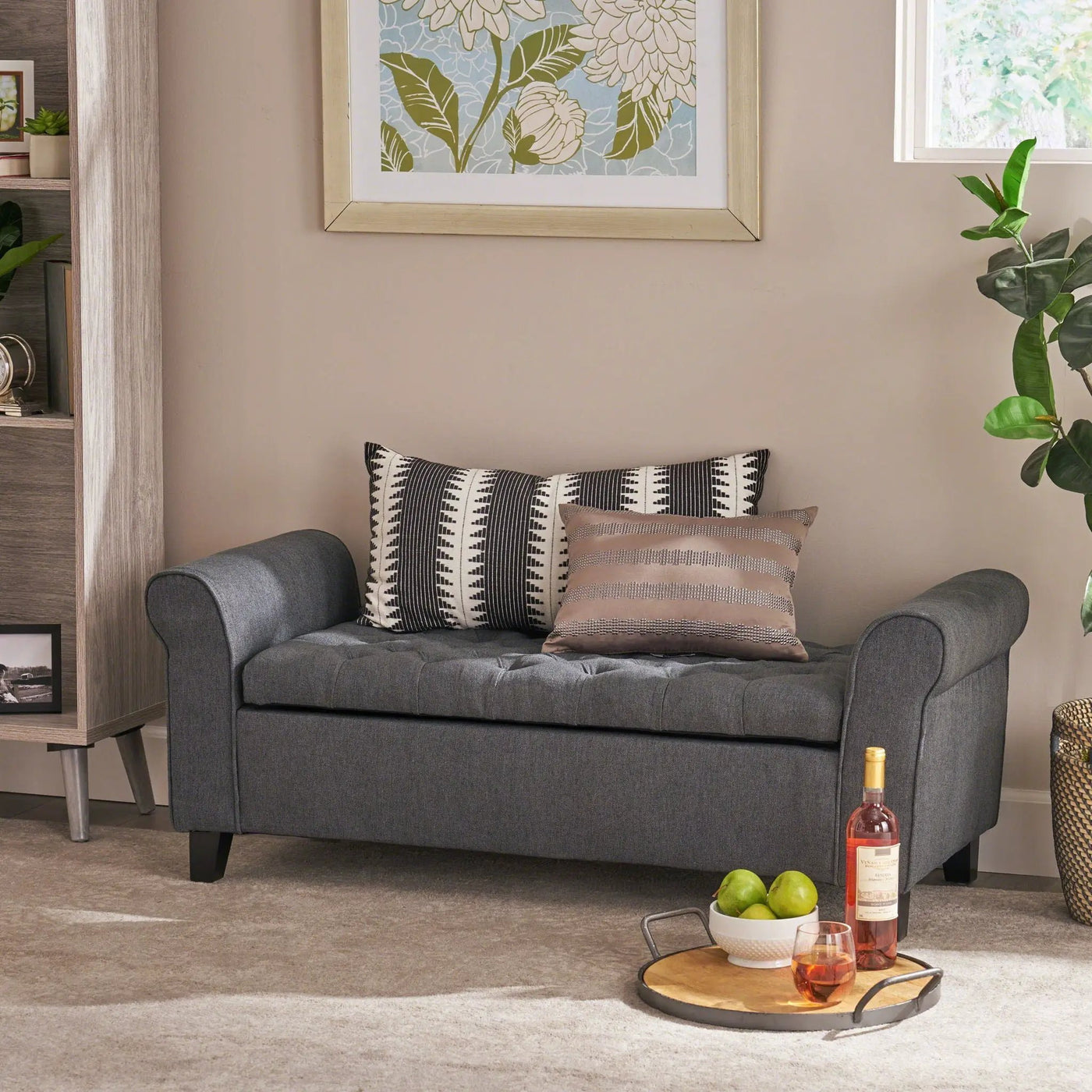 Hayes Contemporary Armed Storage Bench with Rolled Arms and Button Tufting by HouseOfZazla