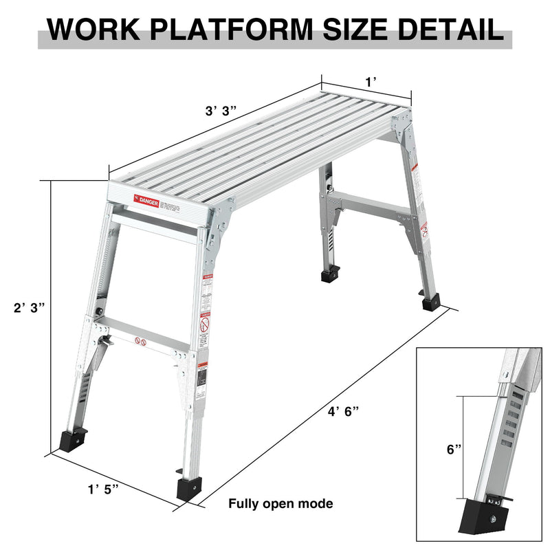 Aluminum Work Platform Large Size Step Stool Folding Portable Work Bench 40" Width Telescopic Feet Height Adjustable - Gray by HouseOfZazla
