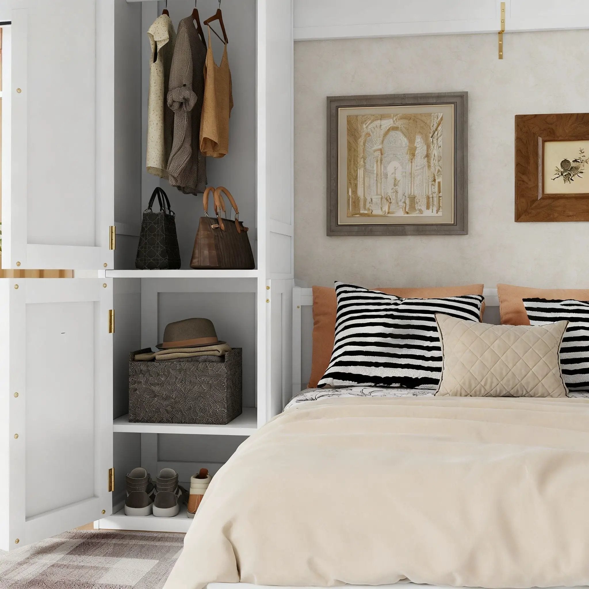 Queen Size Murphy Bed With Wardrobe, Space-Saving Hidden Wall Bed With Desk And Charging Station - White by HouseOfZazla