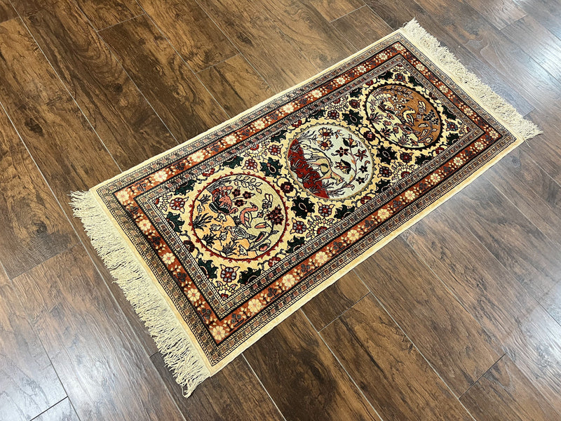 Silk Turkish Rug 2x4, Fine Handmade Oriental Rug, Animal Pictorial Birds Silk Pile on Silk Foundation Vintage Hand Knotted Hereke Carpet by Jewel Rugs