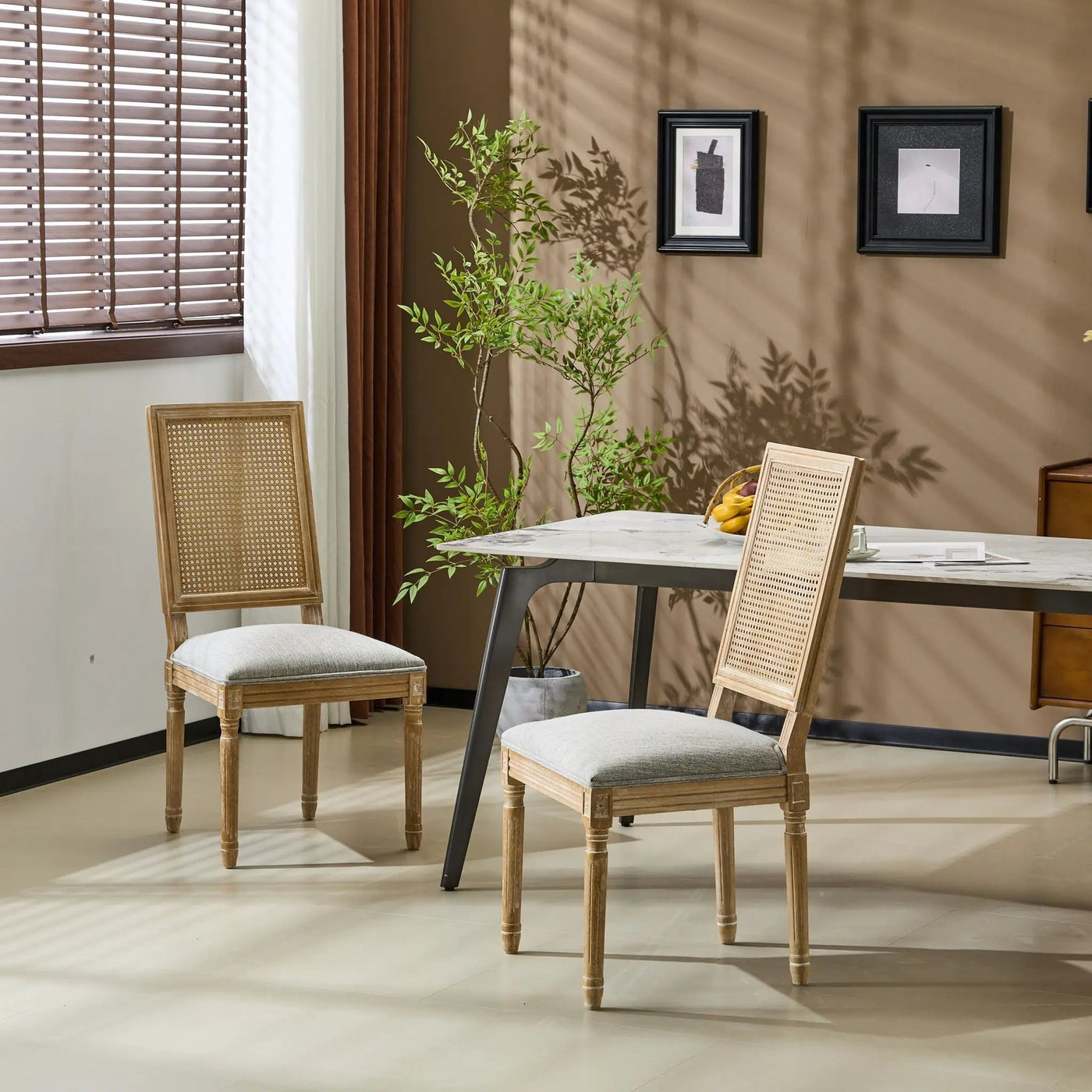 French Country Dining Chair With Rectangular Cane Backrest And Smooth Upholstered Seating by HouseOfZazla
