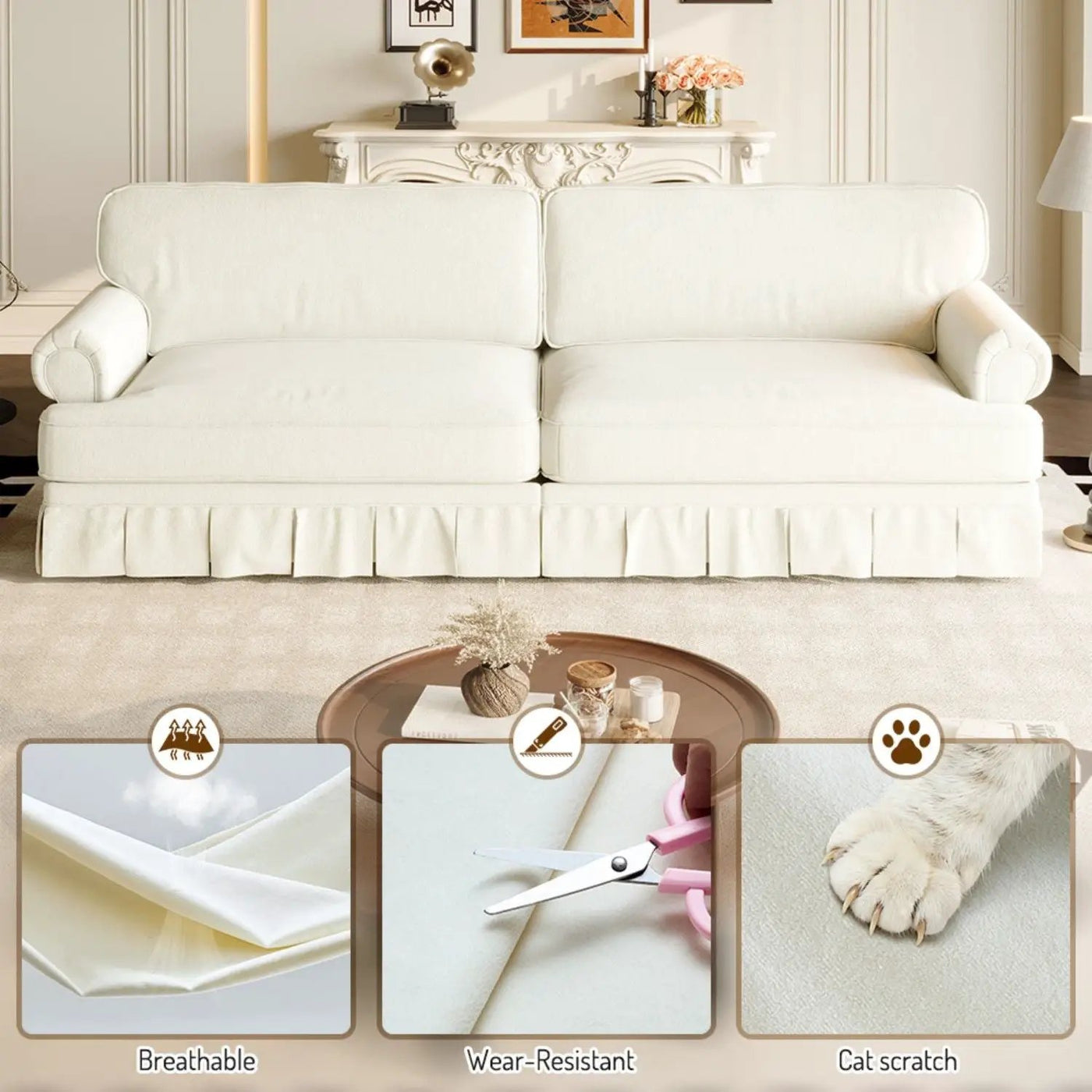 Luxuriously Comfortable Cloud Couch With Elegant Rolled Arms & Pleated Skirt Design by HouseOfZazla