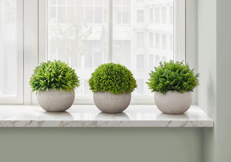 5" Tall, Artificial Plant, Grass, Indoor, Faux, Fake, Table, Greenery, Potted, Decorative (Set of 3) - Green / Gray by Unique Piece Furniture