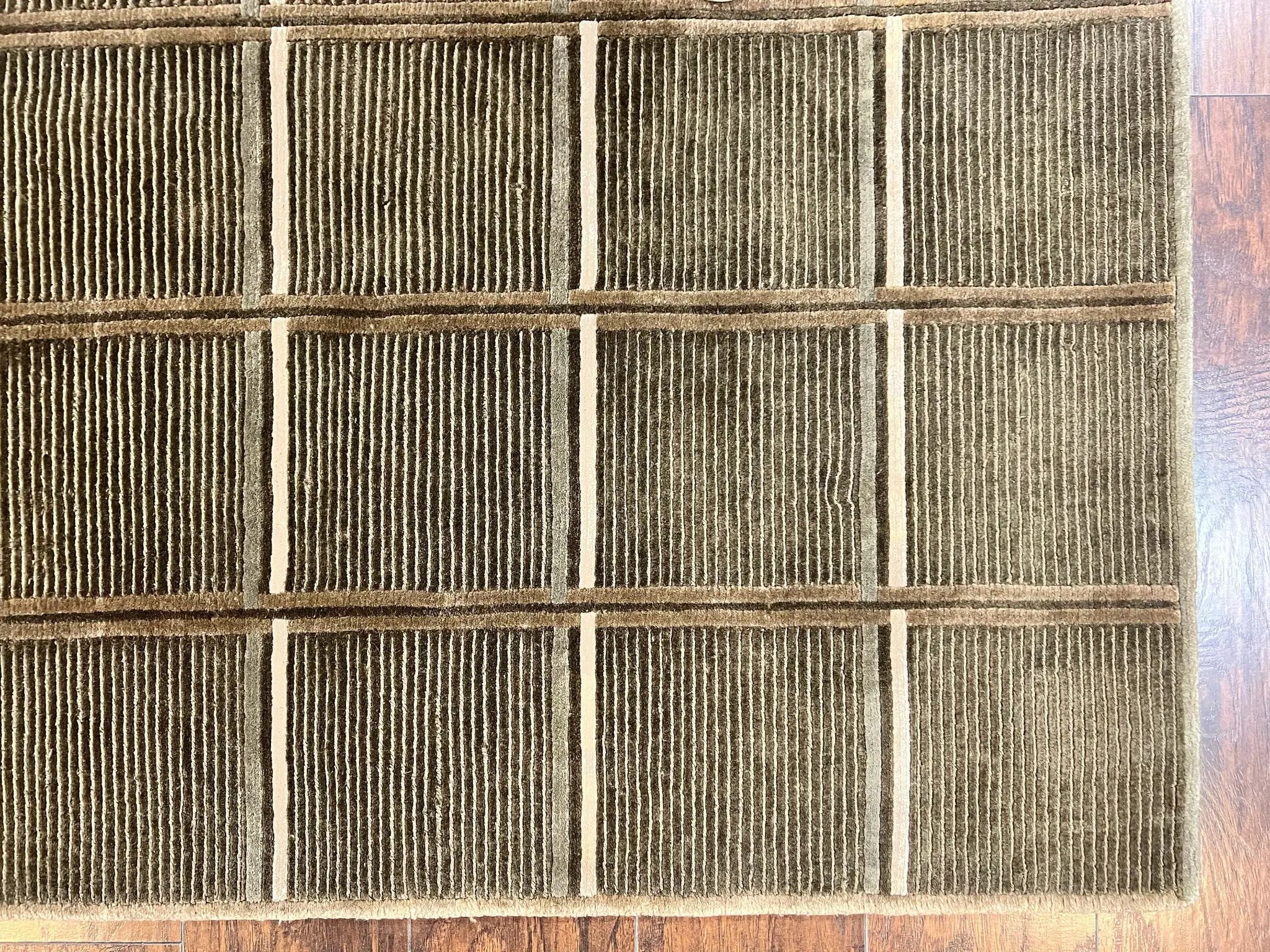 Tibetan Rug 4x6, Green Wool Handmade Area Rug 4 x 6, Panel Design, Modern Contemporary by Jewel Rugs