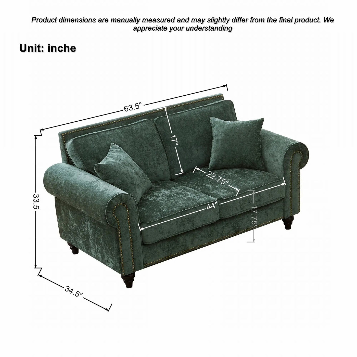 2 Seater Sofa With Rolled Arms, Tufted Upholstered Couch by HouseOfZazla