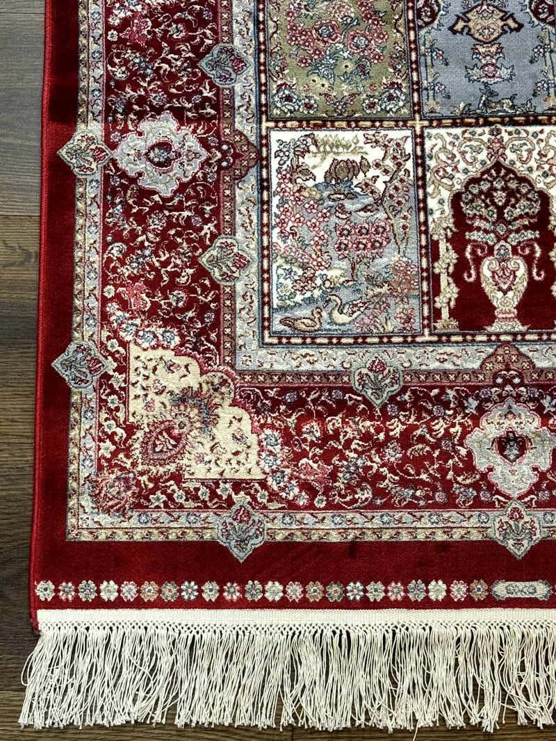 Turkish Silk Runner Rug 2.6 x 11.6, Panel Design, Dark Red Ivory, Bamboo Silk, New by Jewel Rugs