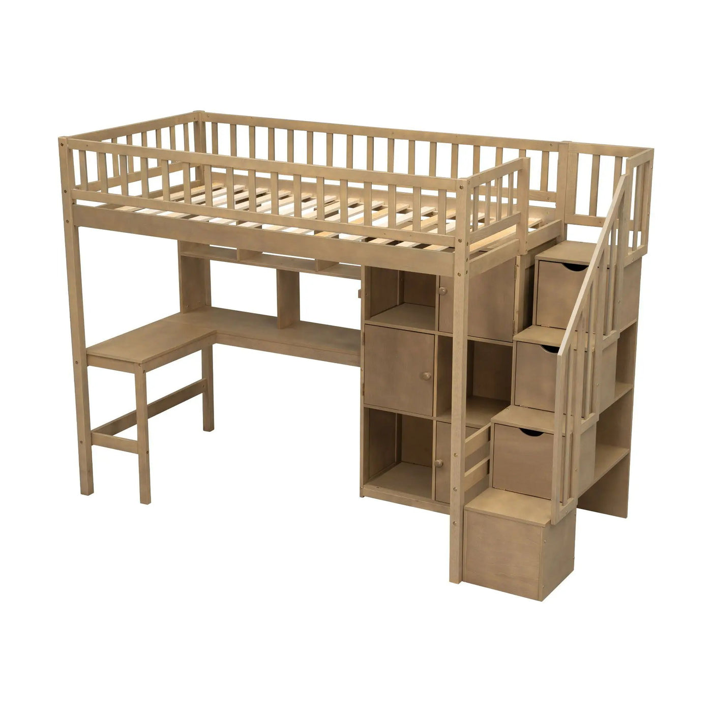 Loft Bed With Built In L Shaped Desk, LED Lights, Storage Shelves, Cabinets, And Staircase by HouseOfZazla