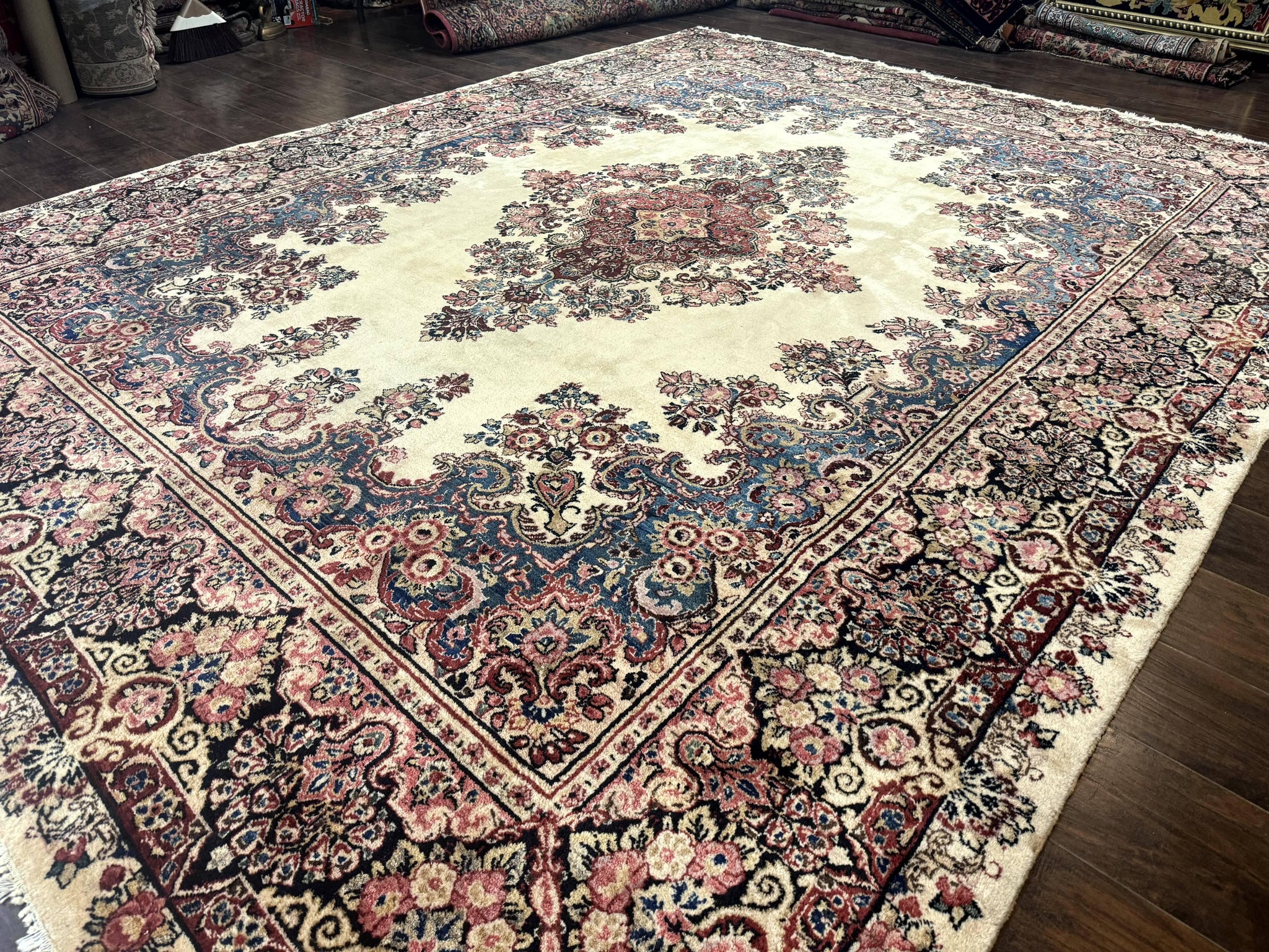 Persian Sarouk Rug 9x12, Ivory & Blue, Semi Open Field by Jewel Rugs