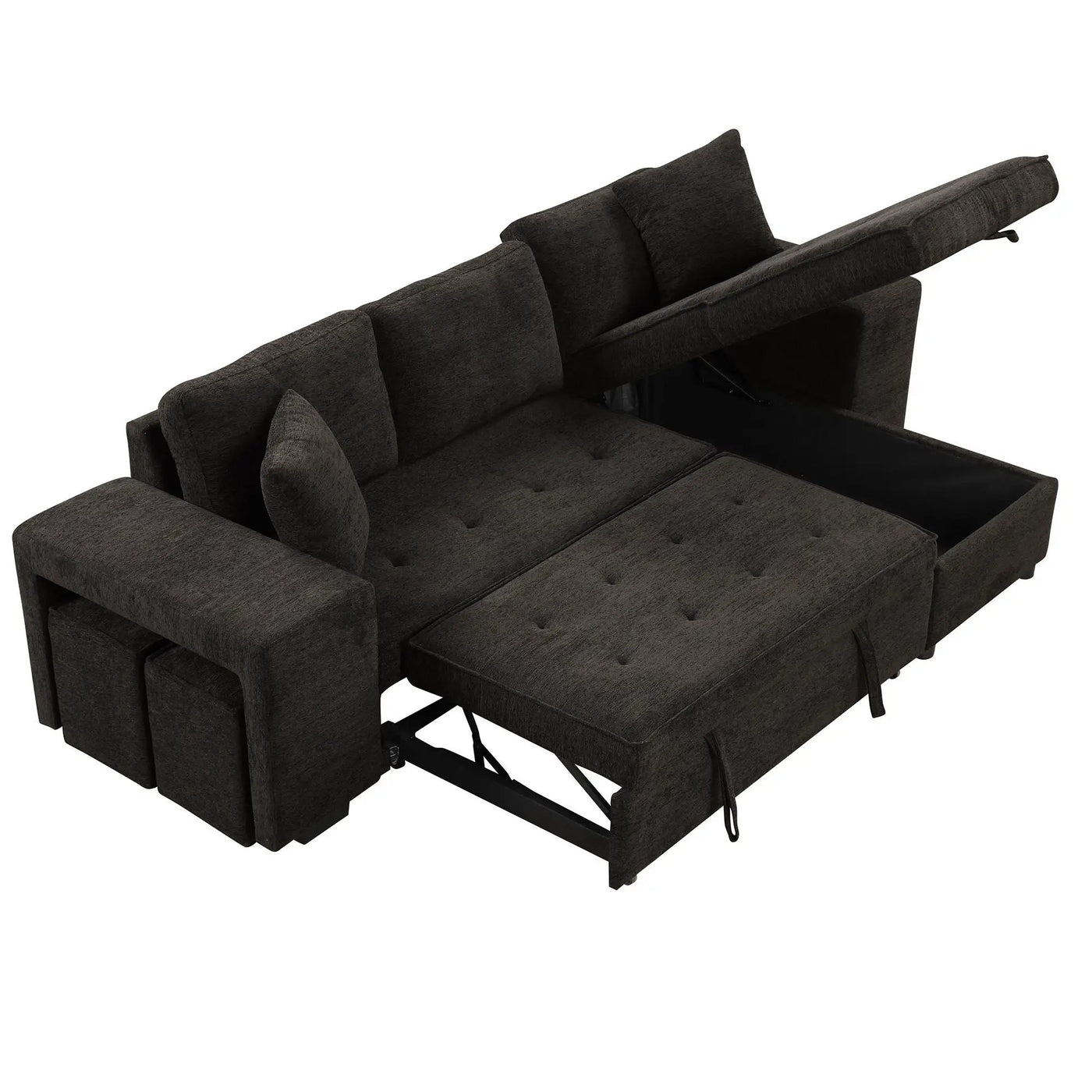Modern L-Shape 3 Seat Reversible Sectional Couch, Pull Out Sleeper Sofa With Storage Chaise And 2 Stools For Living Room Furniture Set by HouseOfZazla
