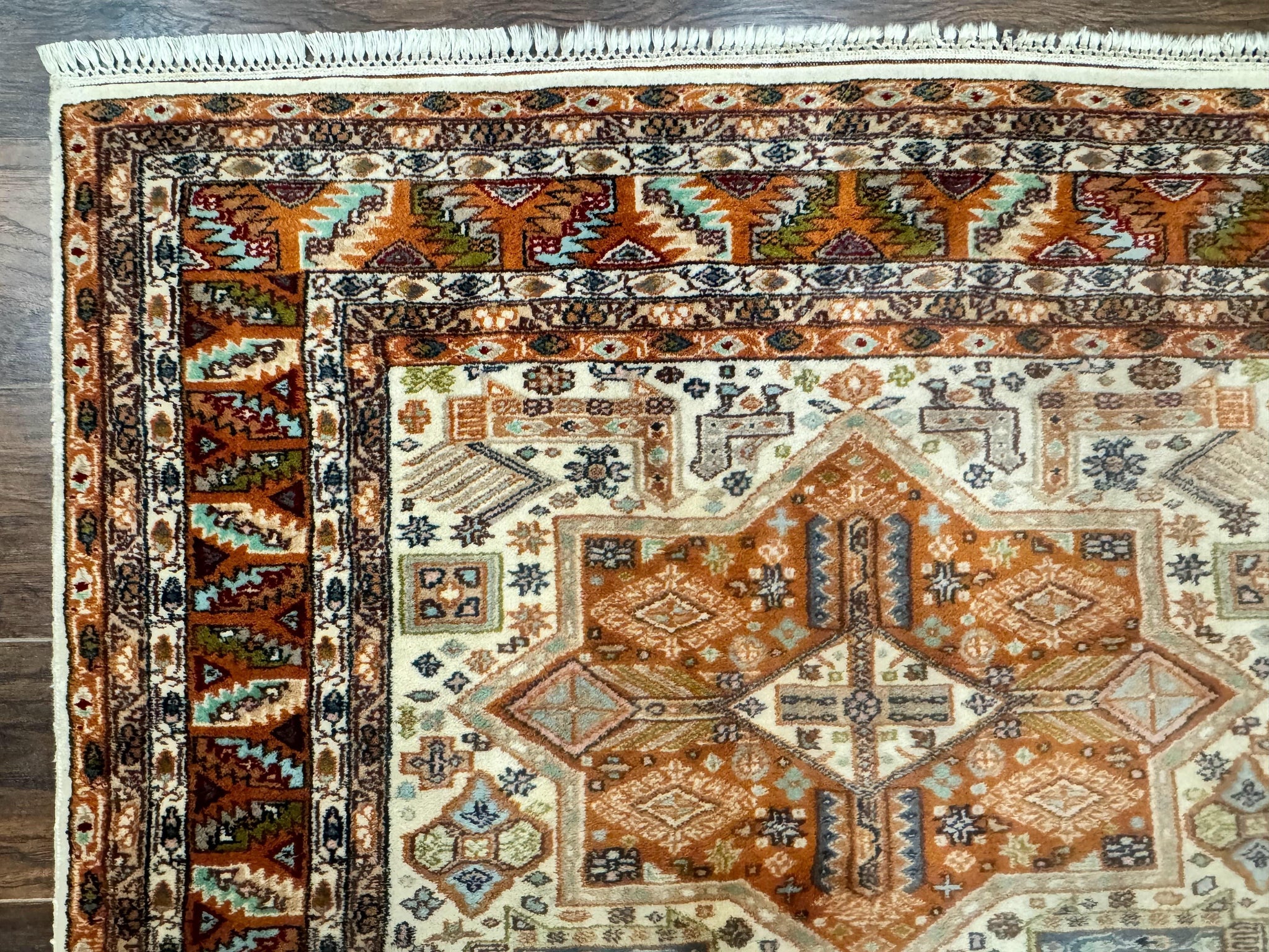 Turkish Kazak Rug 4x6, Geometric Medallions, Vintage Handmade Wool Carpet by Jewel Rugs