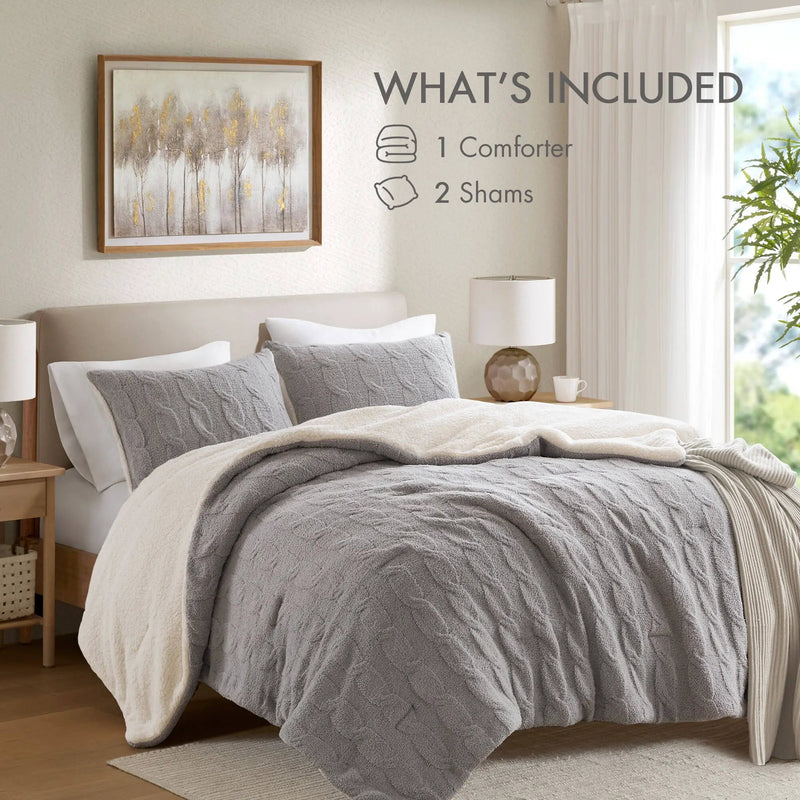 3 Pieces Full/Queen Cable Knit Chenille Comforter Set Gray by HouseOfZazla