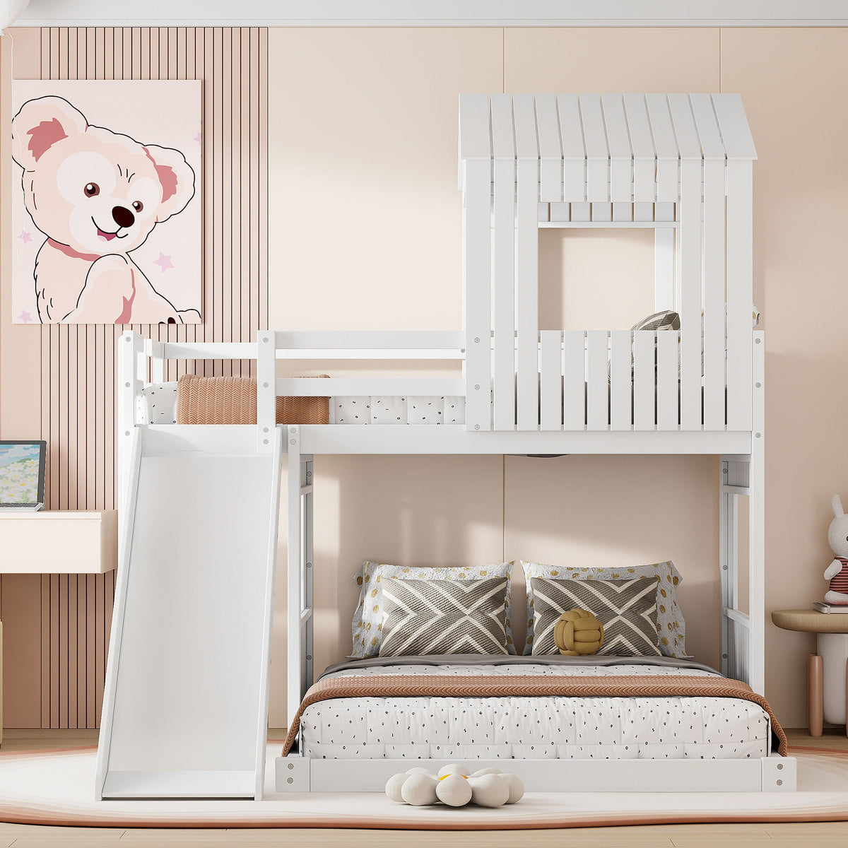 Loft Bunk Bed With Playhouse, Farmhouse, Ladder, Slide And Guardrails, photo 6 of 21
