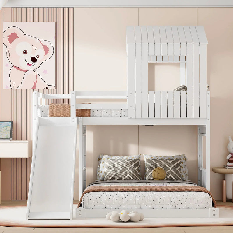Loft Bunk Bed With Playhouse, Farmhouse, Ladder, Slide And Guardrails by Unique Piece Furniture