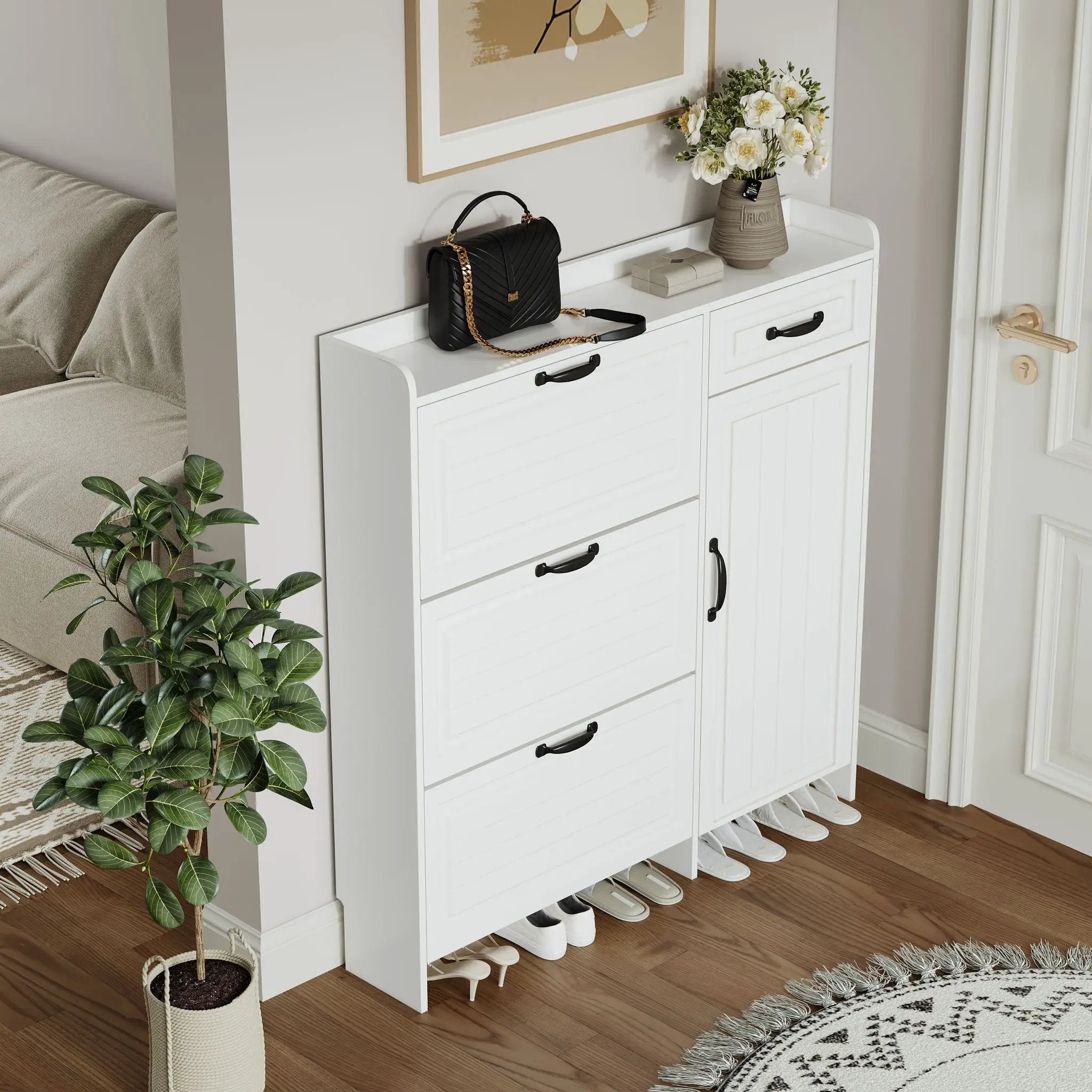 Shoe Cabinet With 4 Doors 1 Drawers, PVC Door With Shape, Large Space For Storage - White by HouseOfZazla