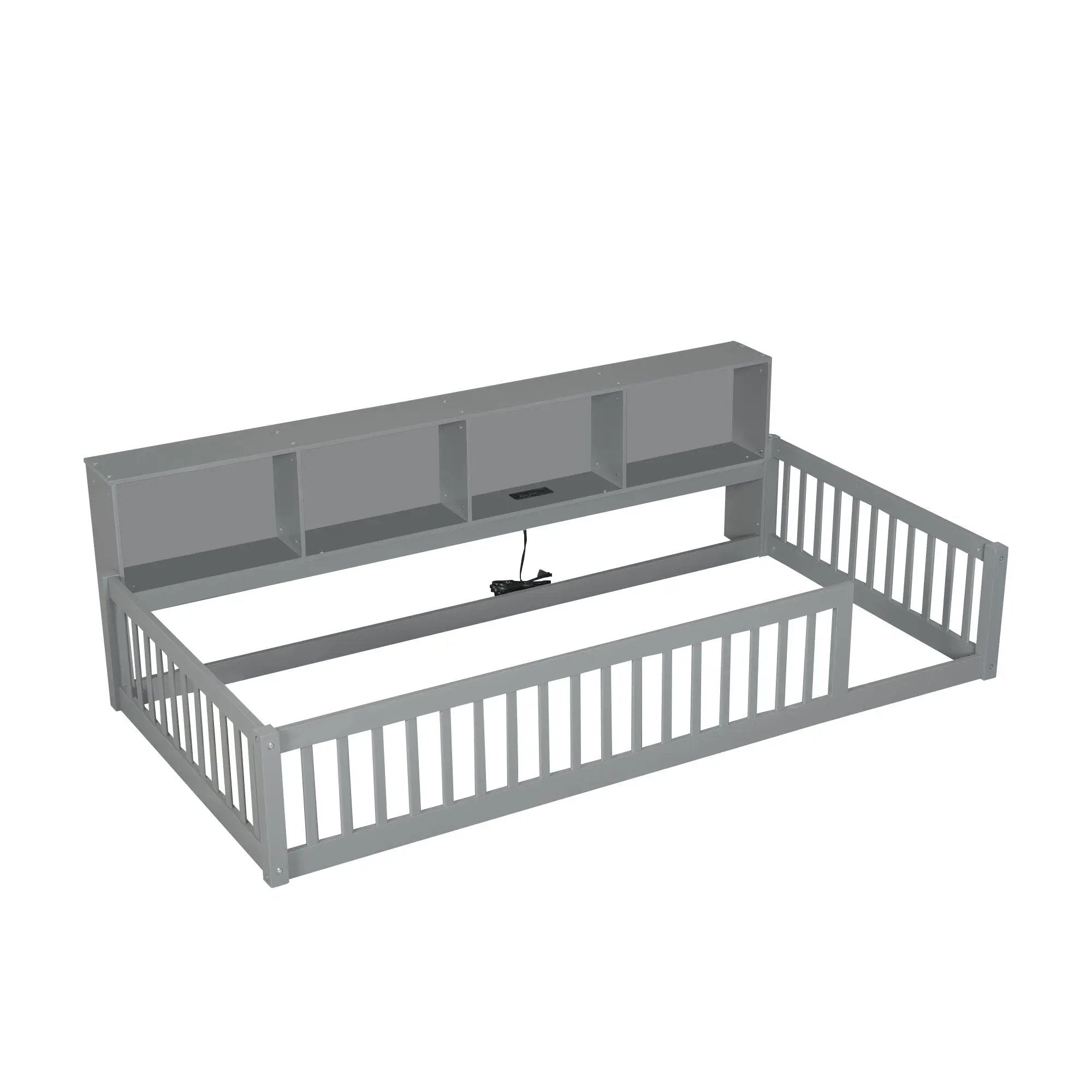 Twin Long Floor Bed With Storage Cabinets And USB Ports - Gray by HouseOfZazla