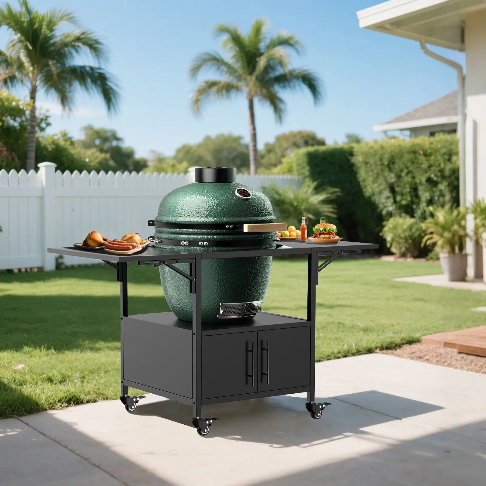 Outdoor Grill Table For Big Egg Style Bbq Metal Grill Cart With 2 Folding Panels Metal - Black by HouseOfZazla