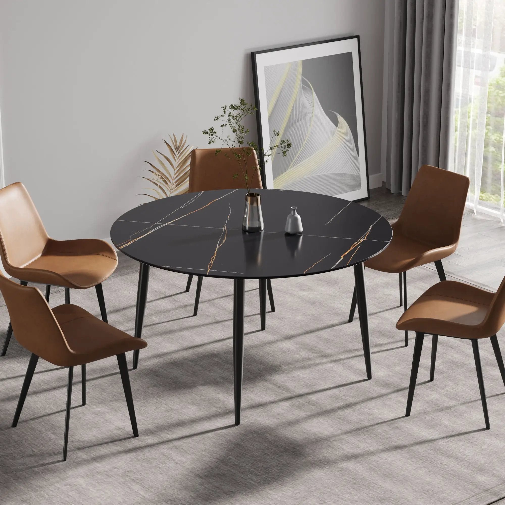 Modern Artificial Stone Round Dining Table With Metal Legs, Can Accommodate 6 People - Black by HouseOfZazla