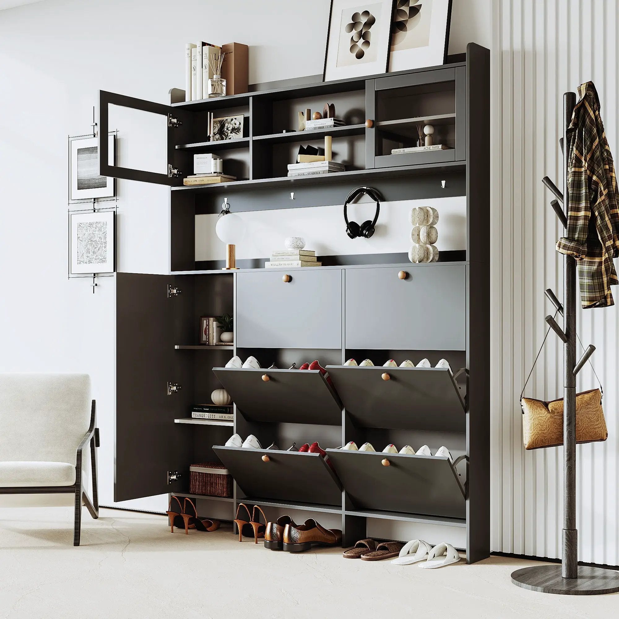 On Trend Multifunctional Tipping Bucket Shoe Cabinet With Storage Shelf & 6 Flip Drawers by HouseOfZazla