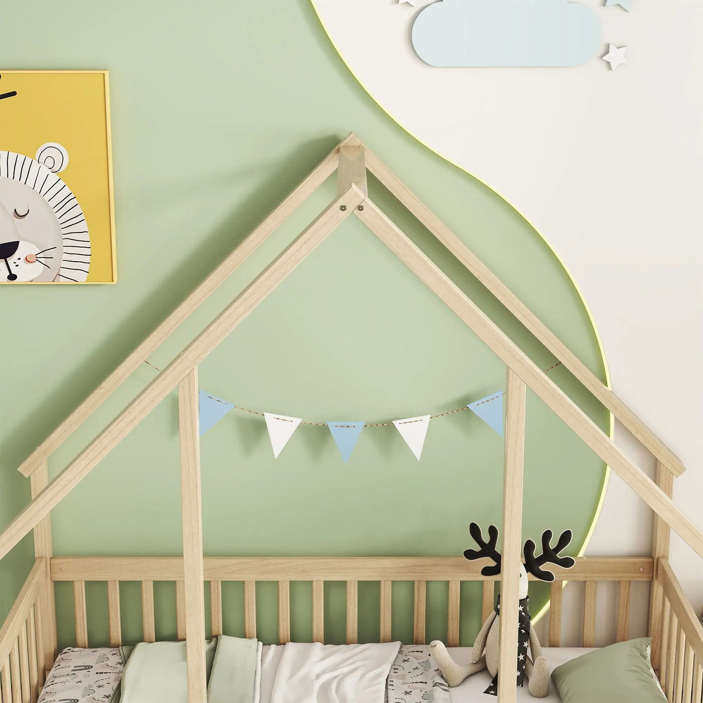 Wood House-Shaped Floor Bed With Fence, Guardrails by Unique Piece Furniture