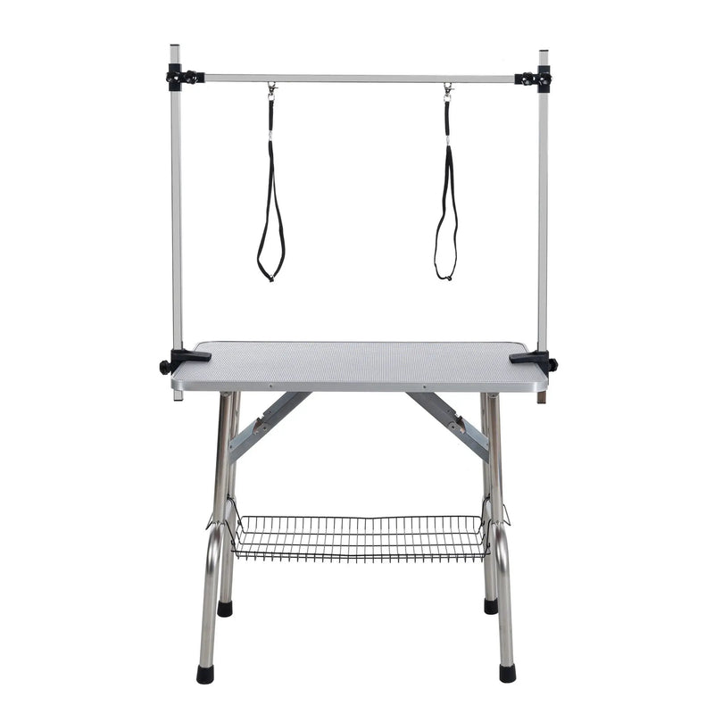 Folding Dog Pet Grooming Table Stainless Steel Frame Rubber Mat On Board With Adjustable Arm And Clamps Pet Dog Cat Grooming Table by HouseOfZazla