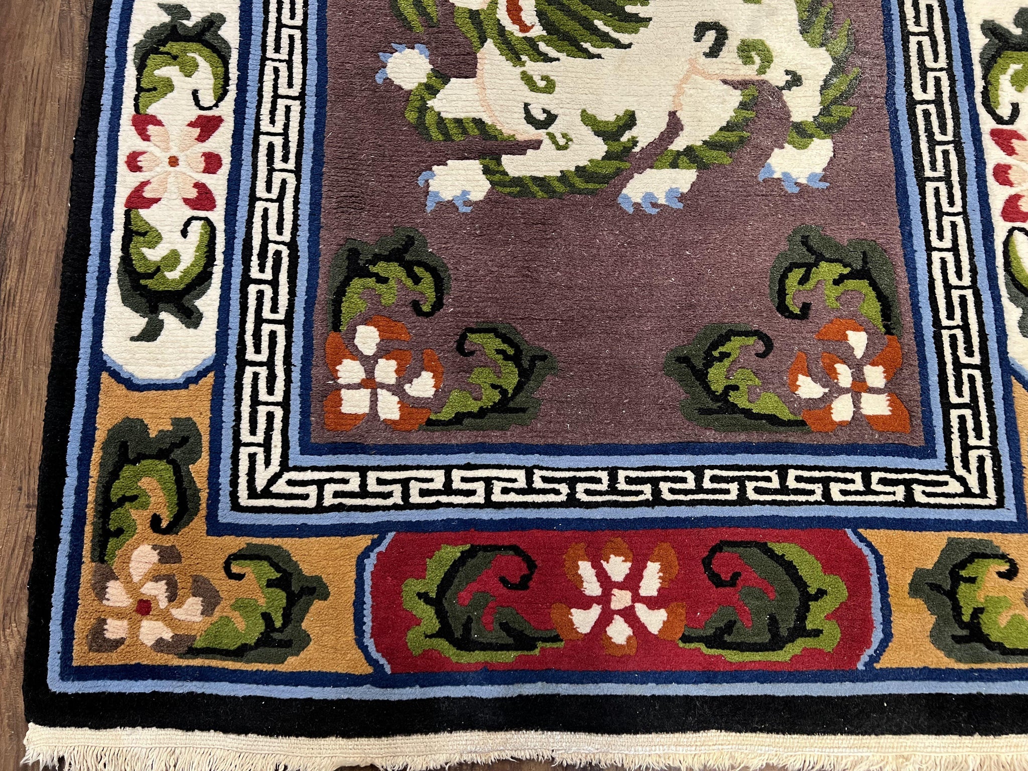 Chinese Art Deco Rug 3 x 5.5 with Animal Pictorials, Vintage Chinese Peking Wool Area Rug, Dark Puce Maroon Ivory, Hand Knotted Soft Carpet by Jewel Rugs