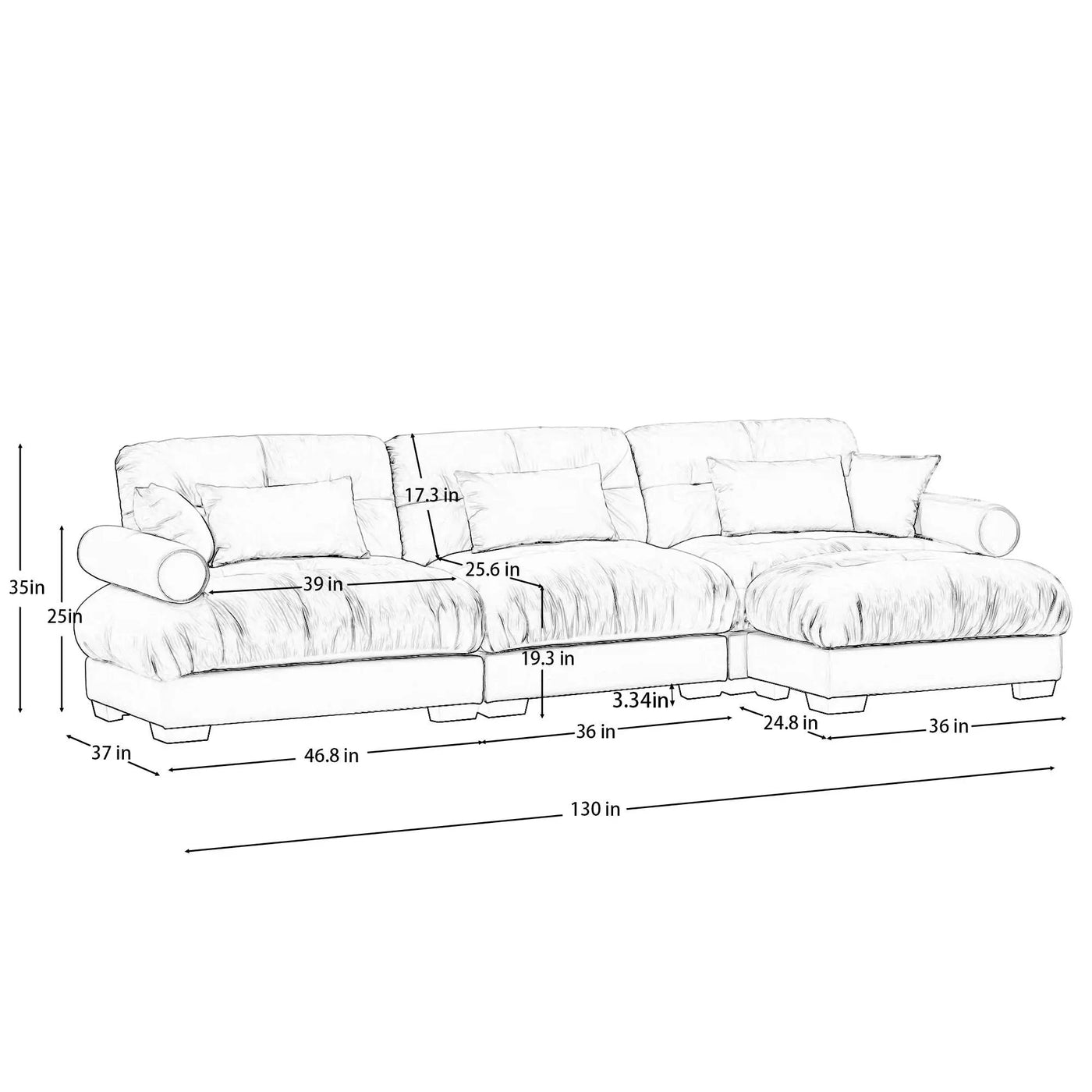 Modern Sectional Sofa With Ottoman, Round Bolster Armrests, Waist And Throw Pillows by HouseOfZazla