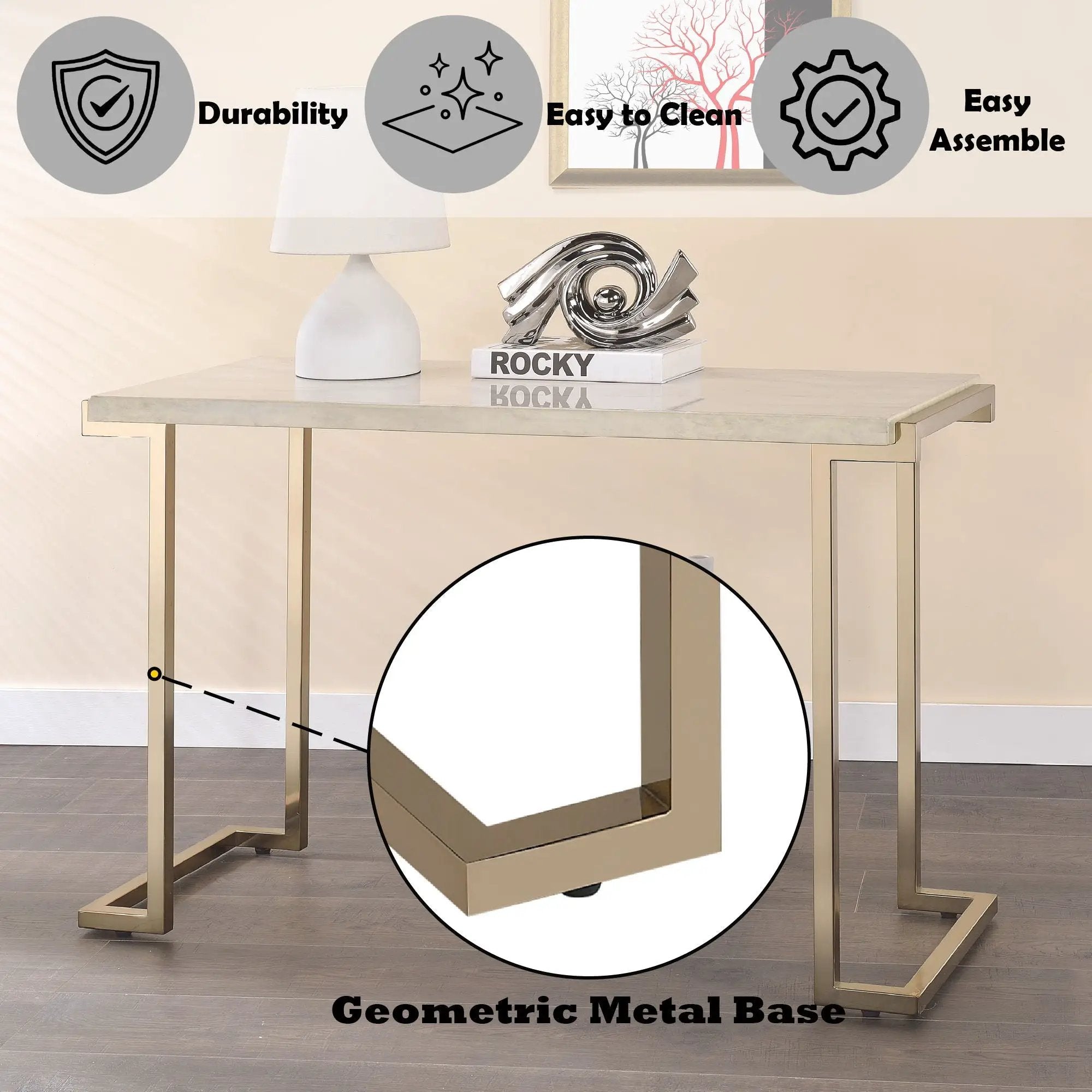 Boice II - Faux Marble Top Sofa Table - White / Champagne by HouseOfZazla