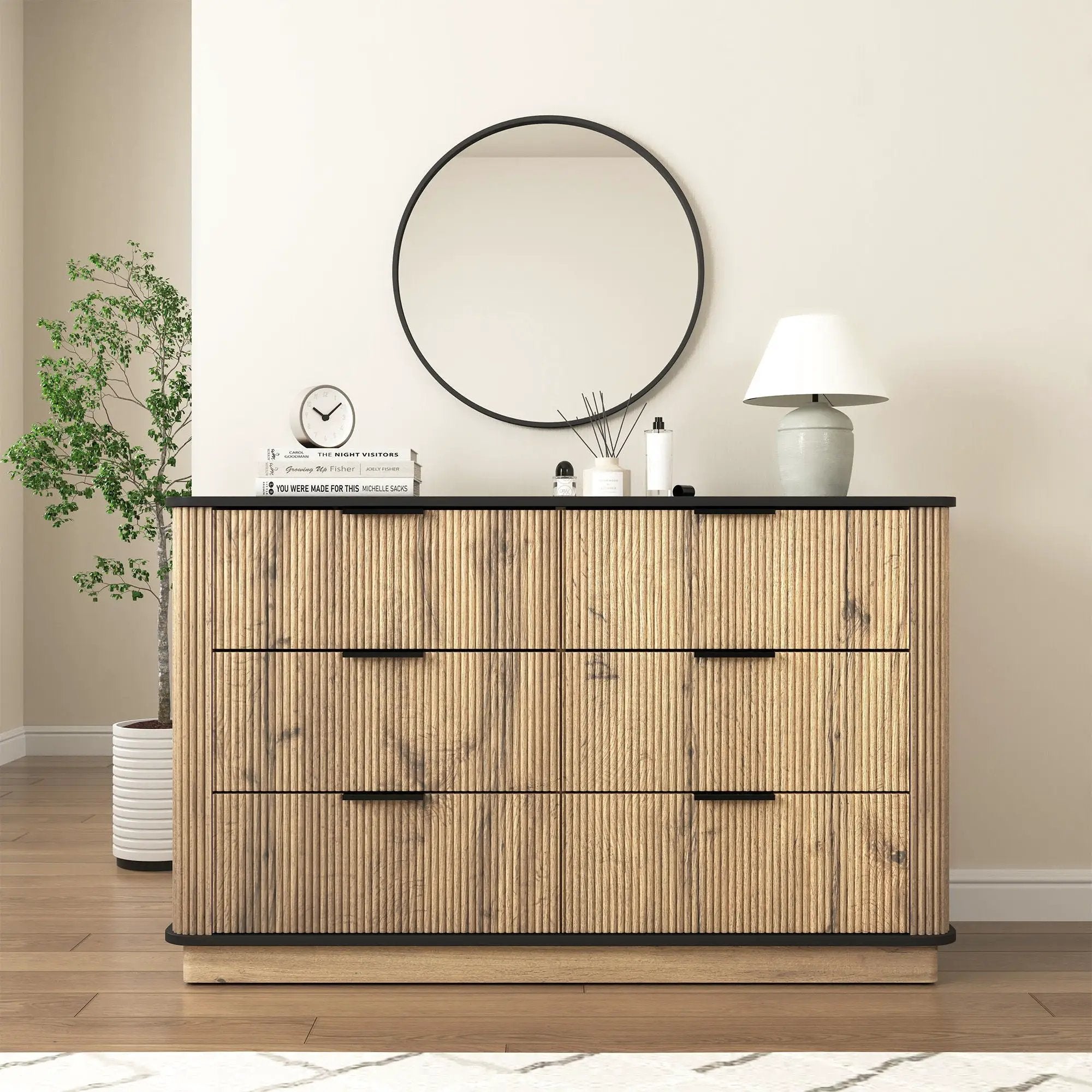 Modern 6 Drawer Cabinet With Metal Rounded Corners And Exquisite Handles Multi Functional Storage - Natural Wood by HouseOfZazla