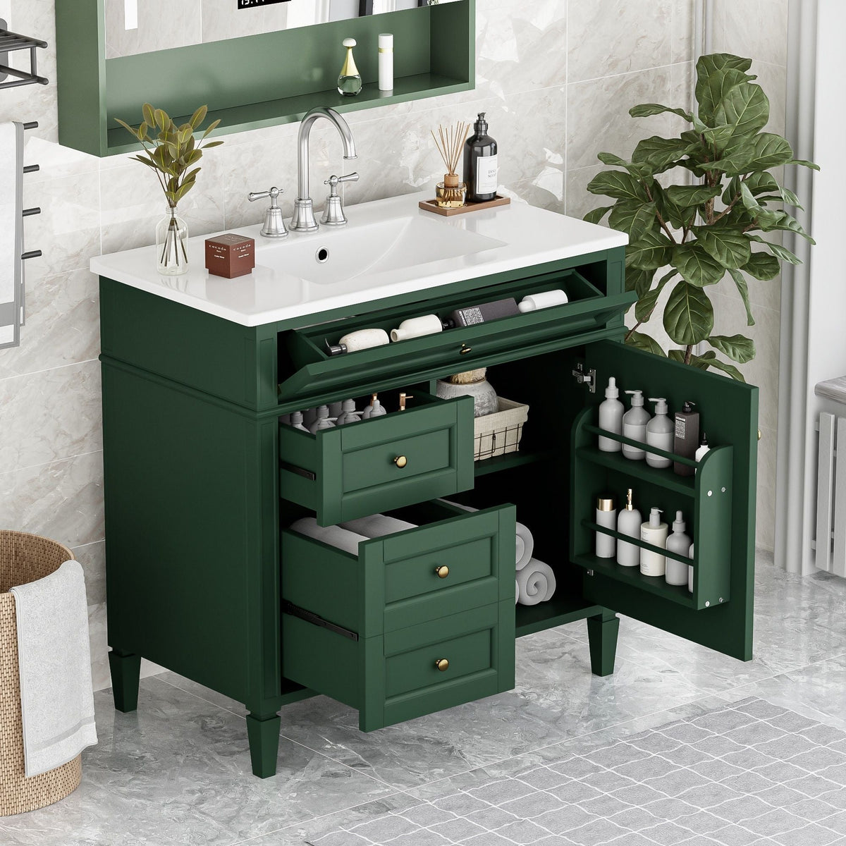 36" Bathroom Vanity with Ceramic Sink and Storage Drawers - Multiple Colors, photo 10 of 20
