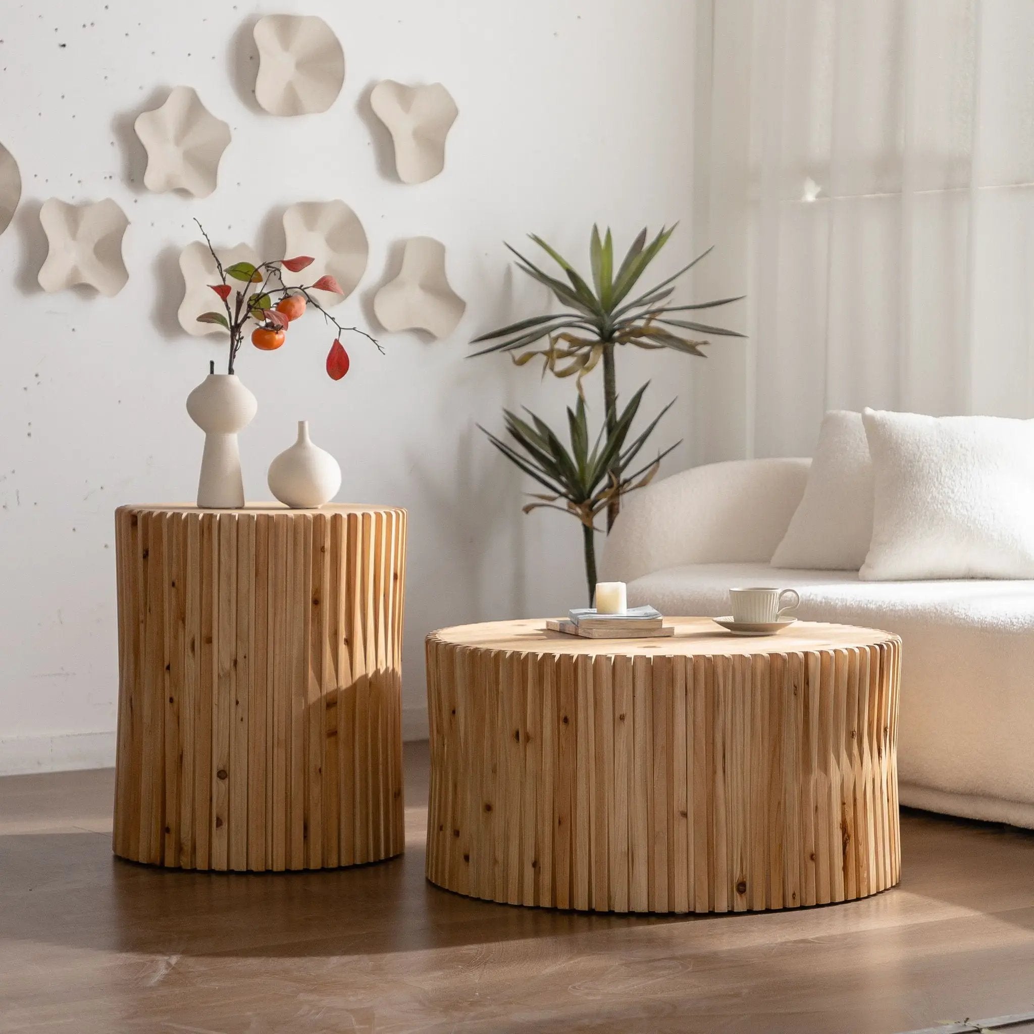 Cylindrical Coffee Table With Vertical Texture Relief For Living Room (Set of 2) - Natural by HouseOfZazla