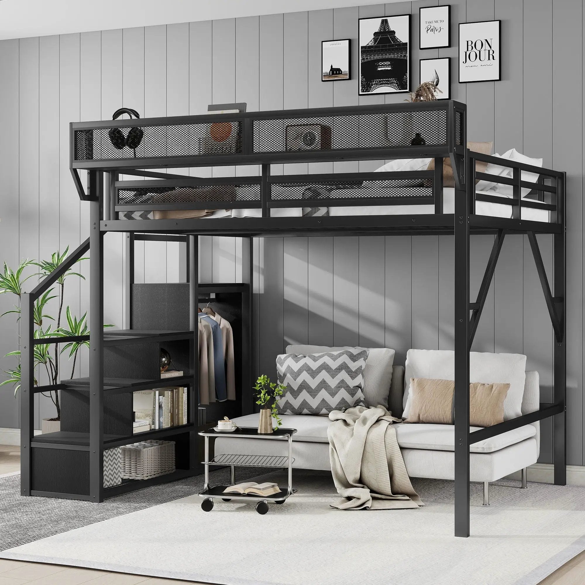 Queen Size Loft Bed With Stairs, Storage Shelves, Wardrobe - Black by HouseOfZazla