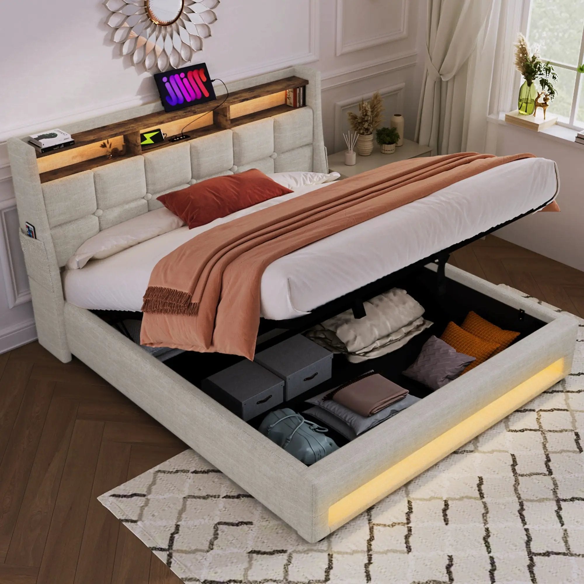Platform Bed With Hydraulic Storage, LED Lighting & Charging Station by HouseOfZazla