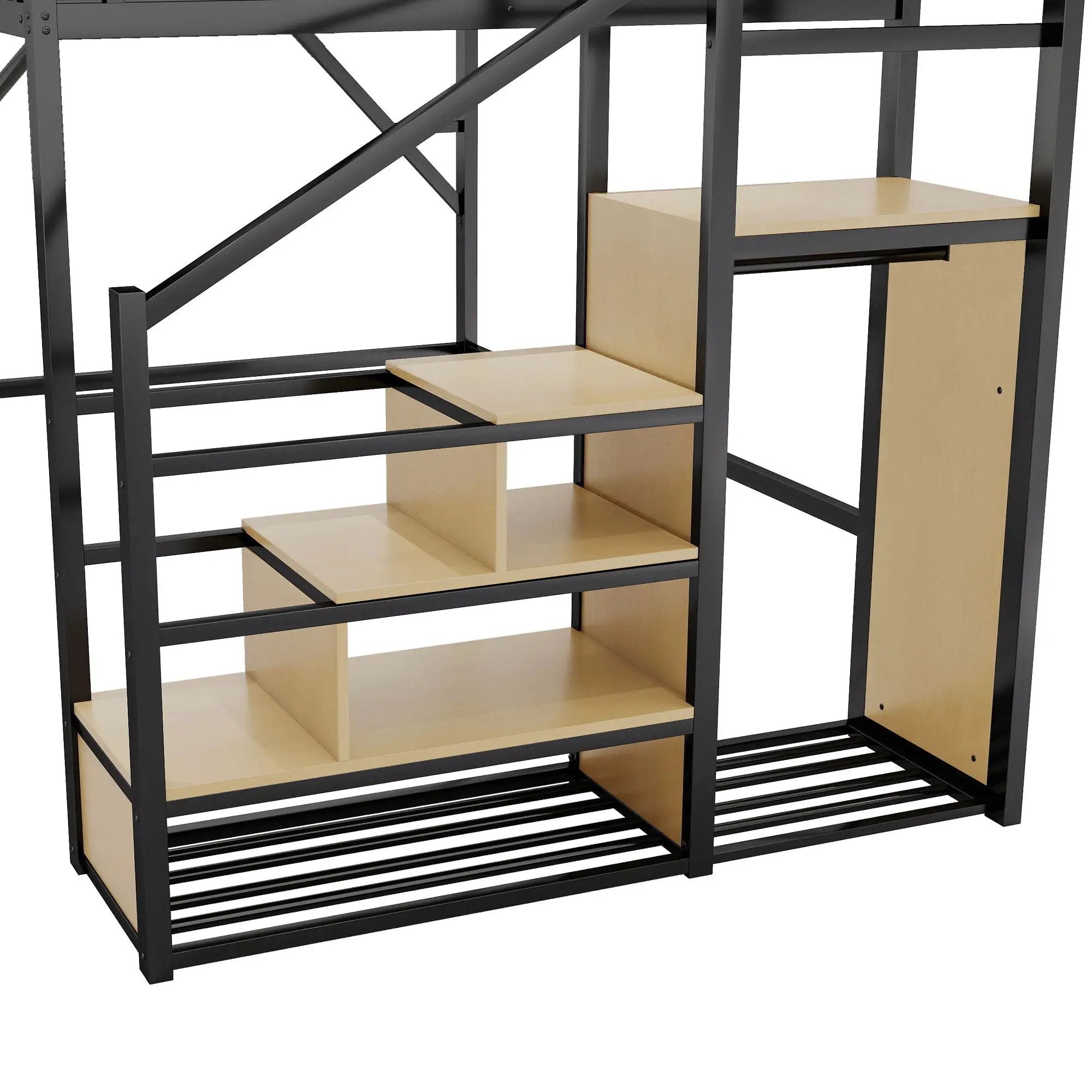 Queen Size Loft Bed & Stairs, Storage Shelves, Wardrobe - Black / Wood by HouseOfZazla