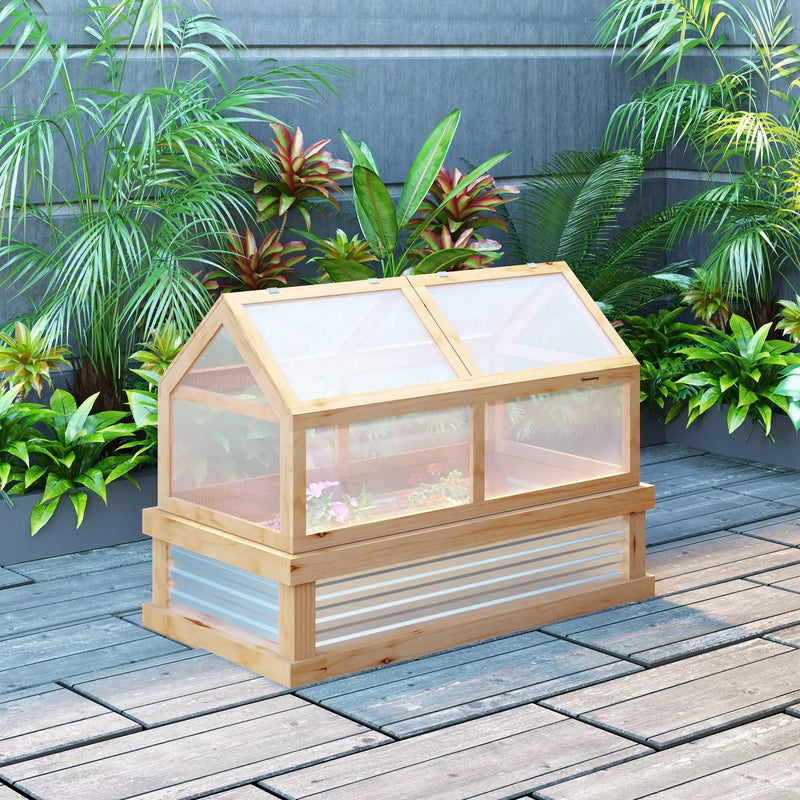 Outsunny - Raised Garden Bed With Polycarbonate Greenhouse, Wooden Garden Cold Frame Greenhouse, Flower Planter Protection, 48" x 24" x 32" - Natural by HouseOfZazla