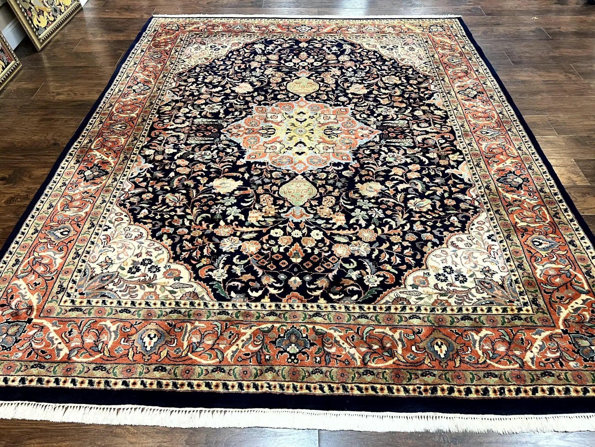 Indo Persian Rug 8x10, Midnight Blue & Red, Handmade Vintage Wool Carpet, Floral Medallion by Jewel Rugs