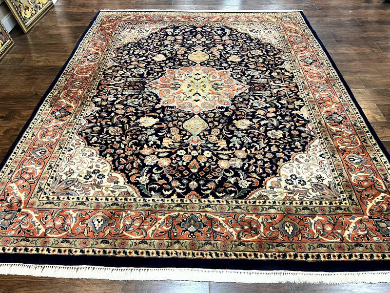 Indo Persian Rug 8x10, Midnight Blue & Red, Handmade Vintage Wool Carpet, Floral Medallion by Jewel Rugs
