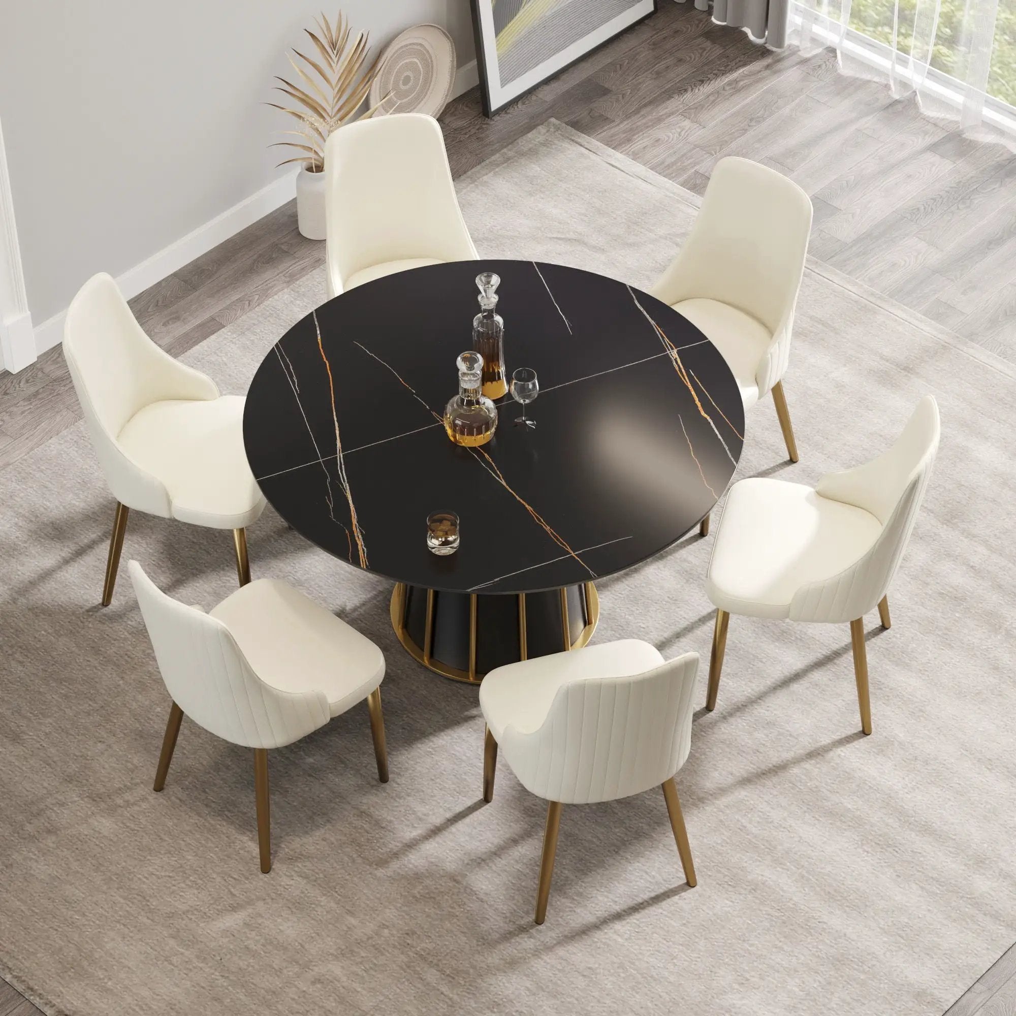 Modern Artificial Stone Round Metal Iron Base Dining Table, Can Accommodate 6 People (Not Including Chairs.) - Black by HouseOfZazla