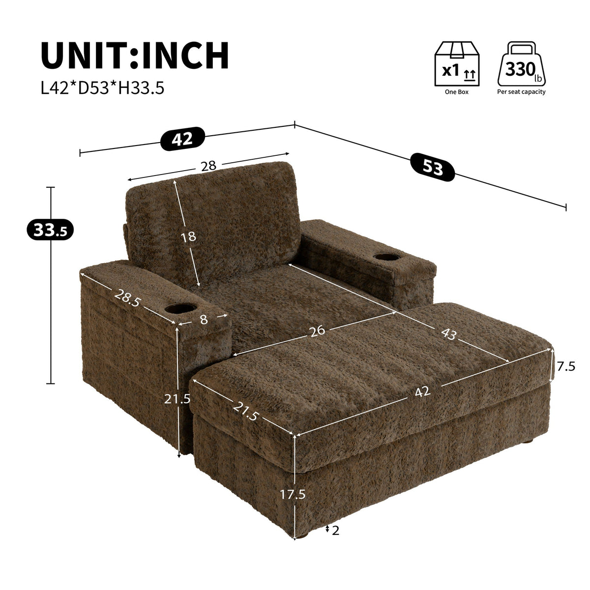 Oversized Chaise Lounge Indoor Rabbit Fur Sofa Bed With Storage Ottoman And Armrests Cup Holders With Deep Seat, photo 8 of 28
