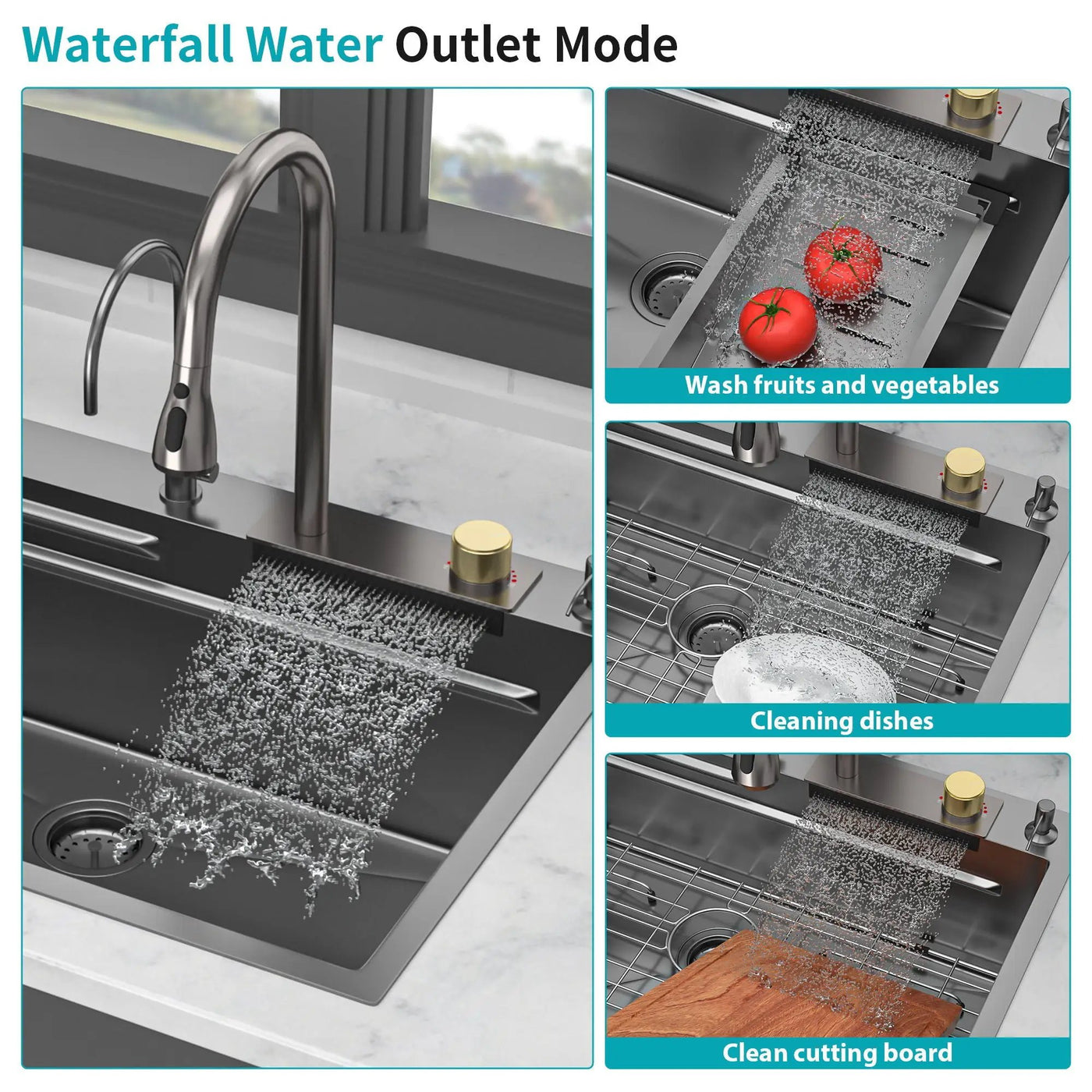Waterfall Kitchen Sink With Pull Out Faucet & Cup Washer by HouseOfZazla